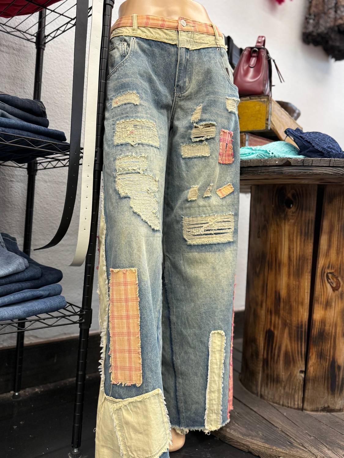 Patch Work Wide Leg Jeans In Multi