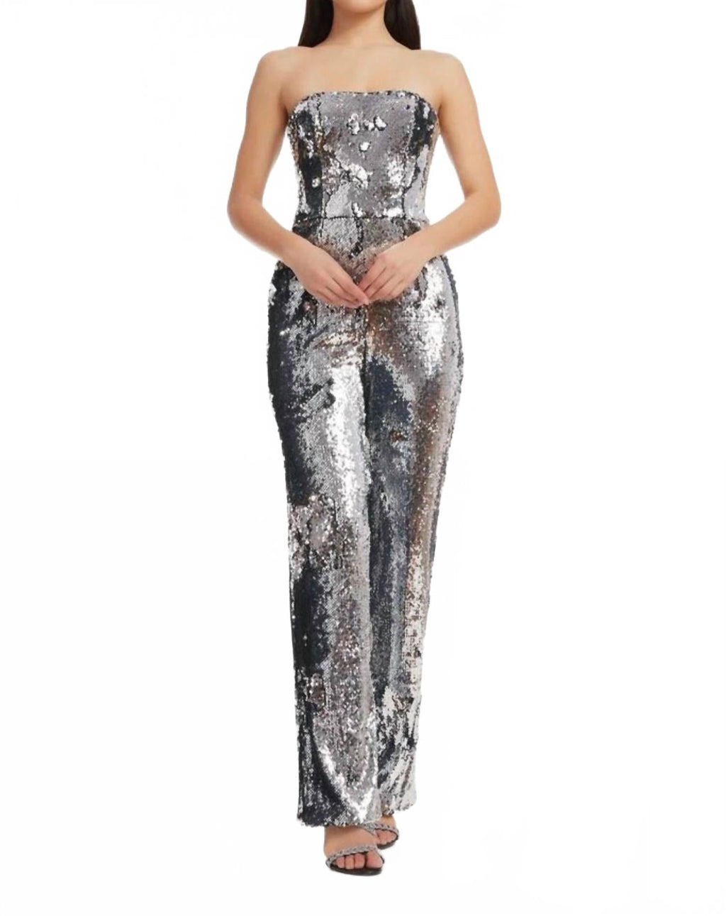 Andy Sequin Strapless Jumpsuit In Silver