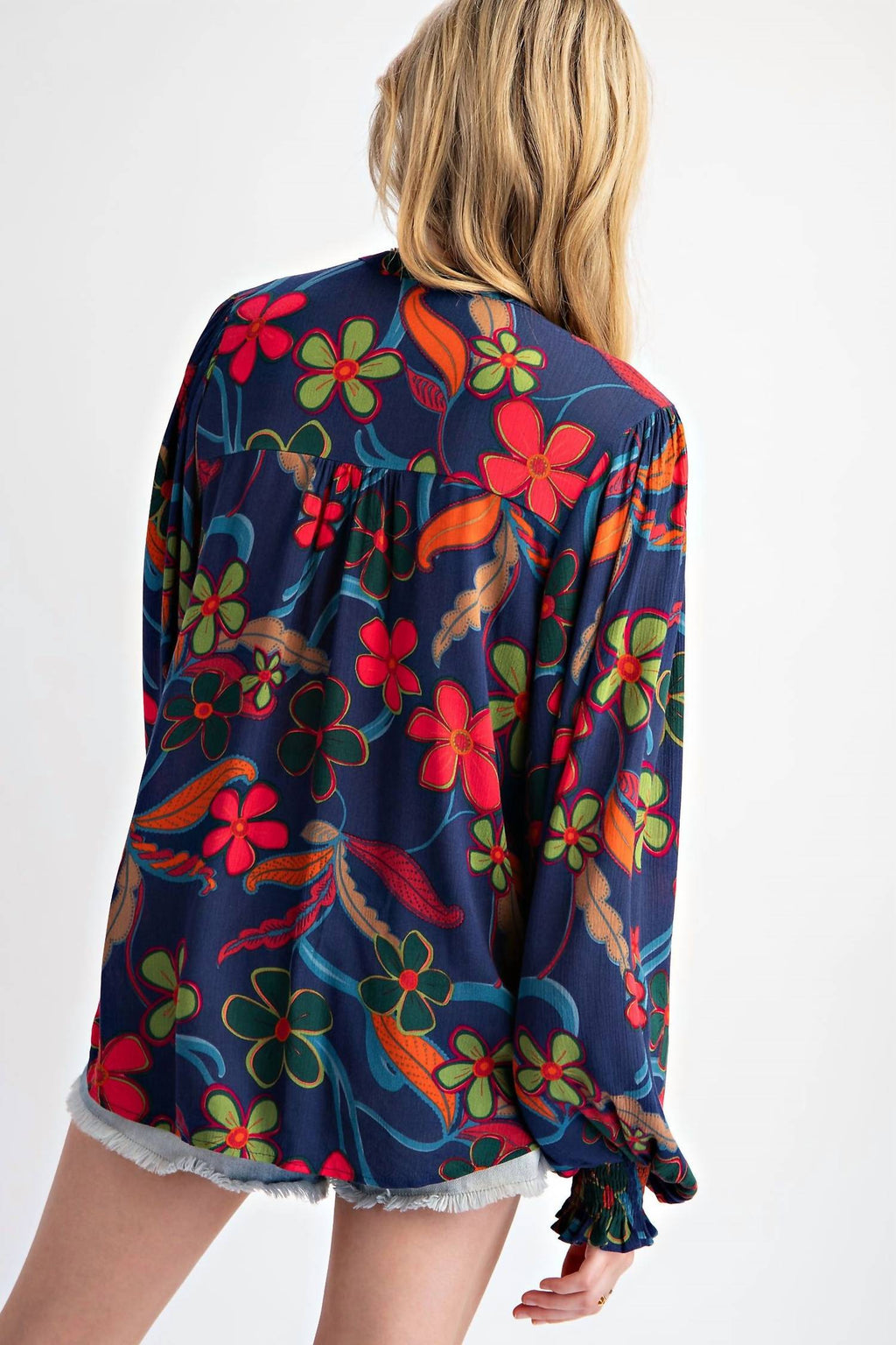 Peach Blossom Floral Gauze Top - Plus In Navy