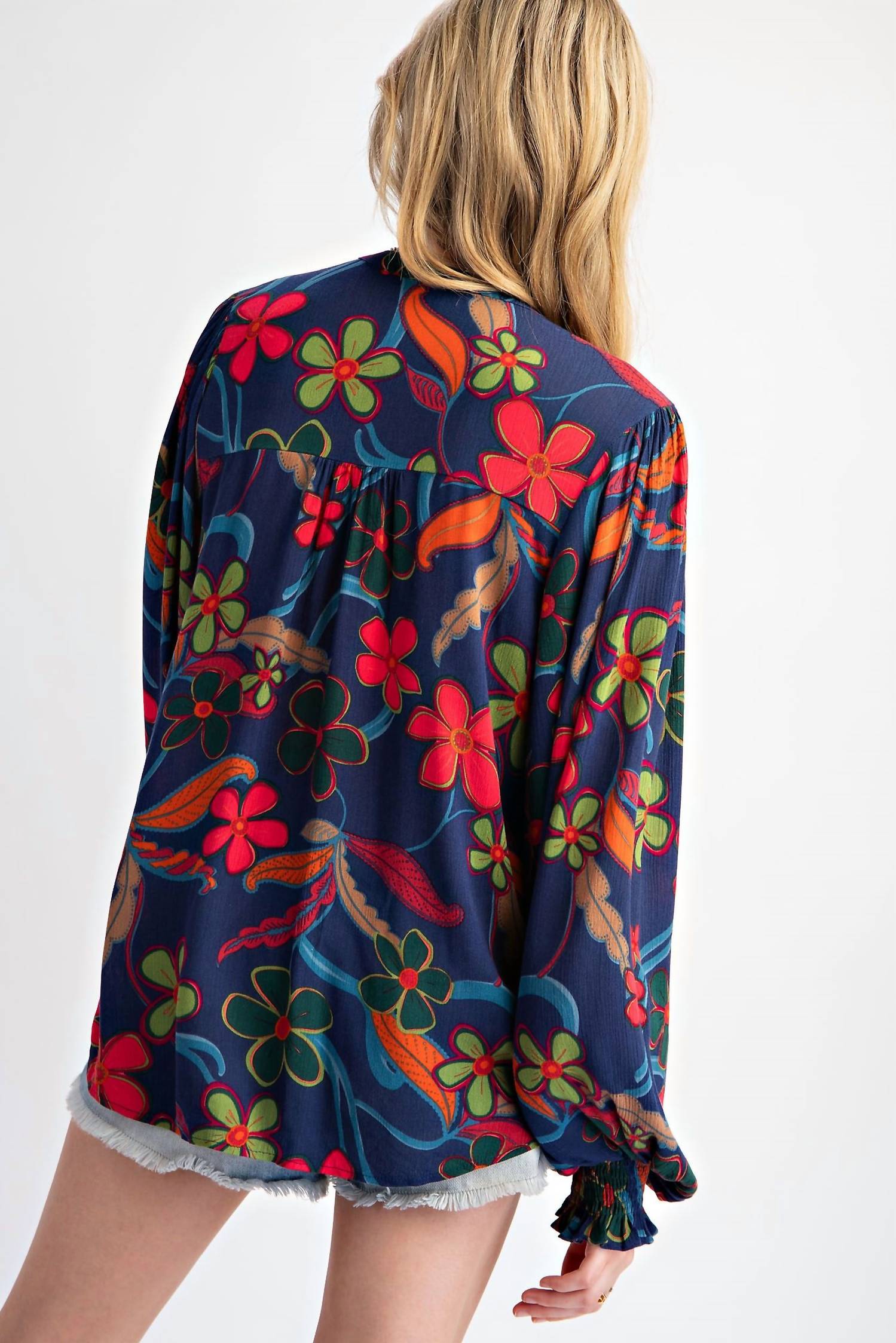Peach Blossom Floral Gauze Top - Plus In Navy