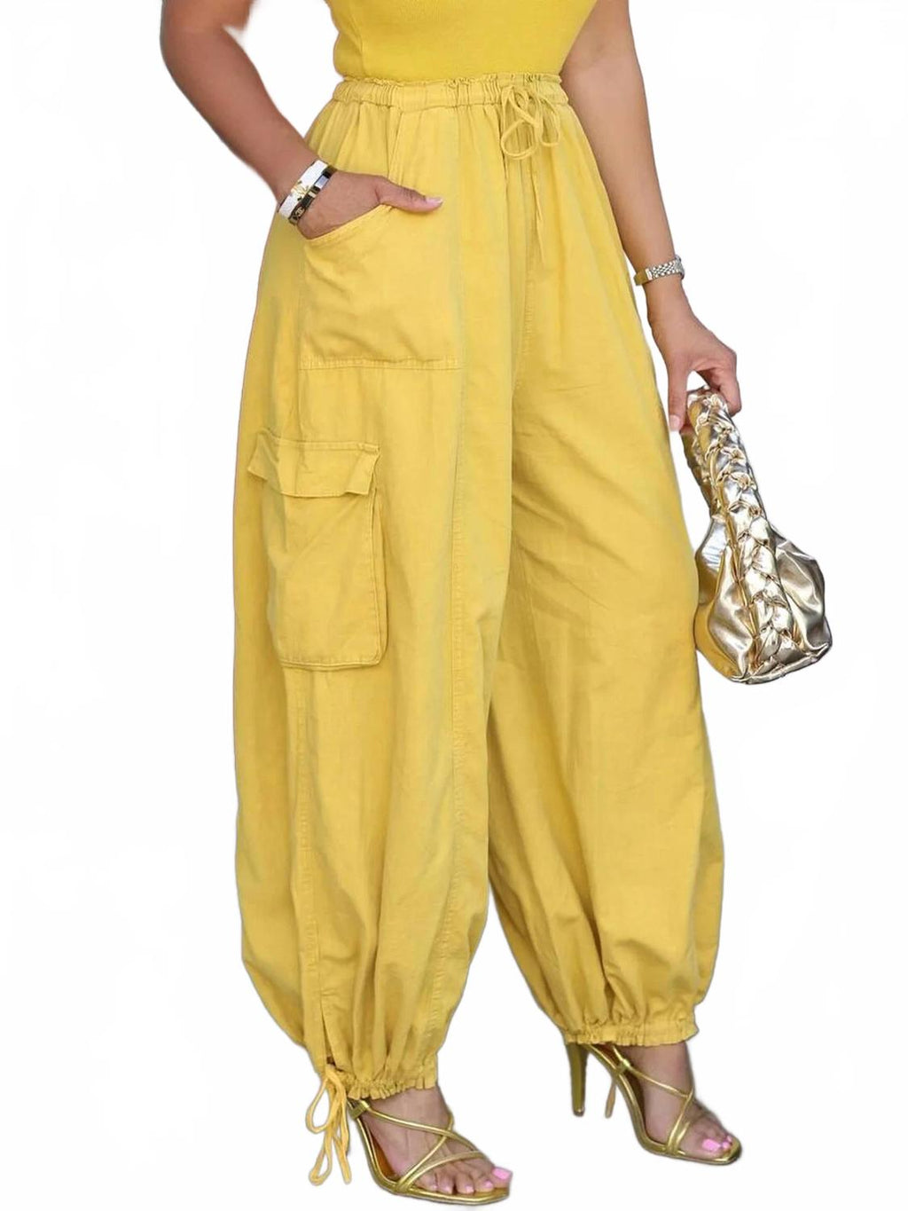 Casual Plain Pockets Cargo Pants In Yellow