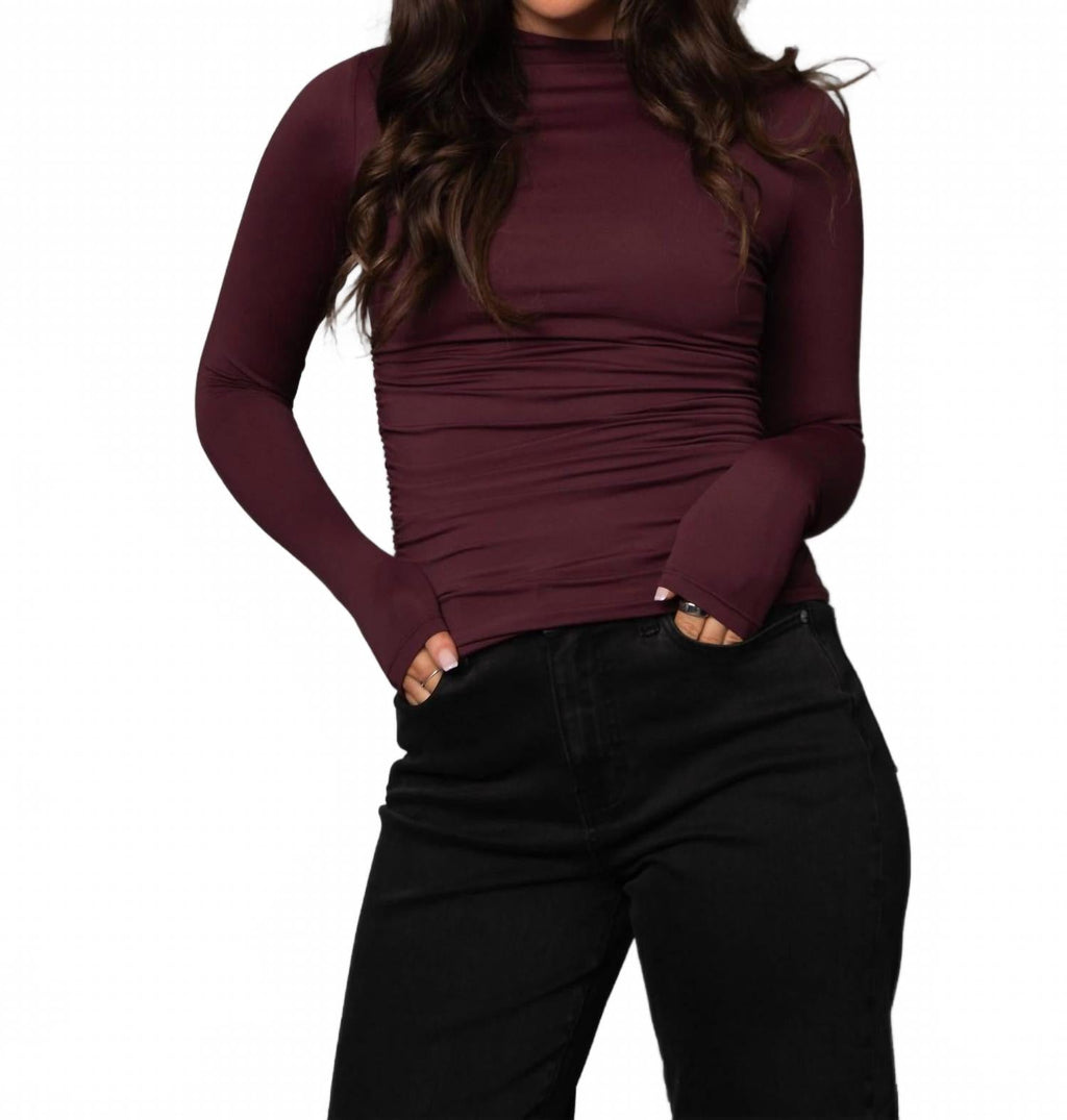 Funnel Neck Ruched Top In Prune