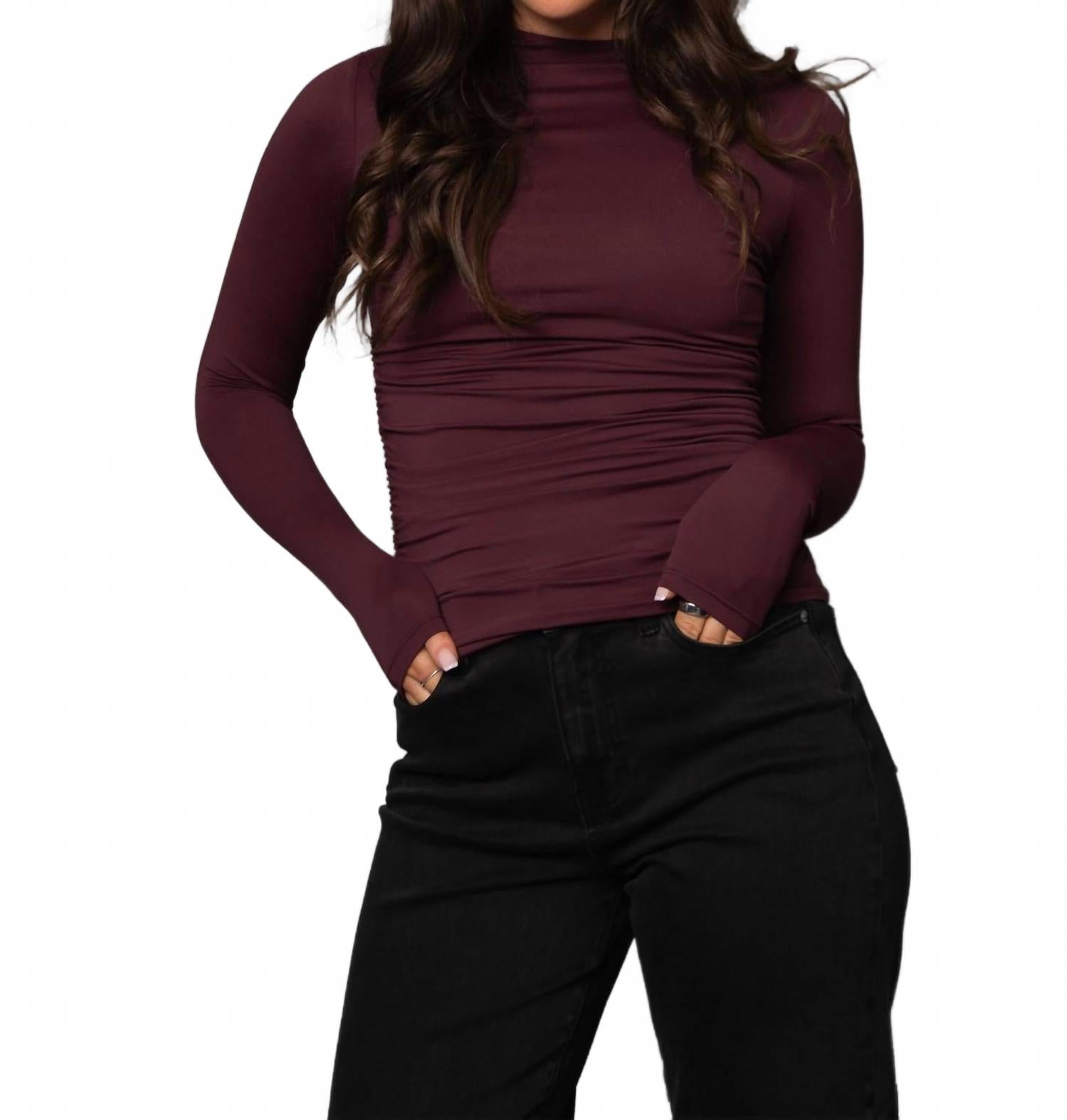 Funnel Neck Ruched Top In Prune