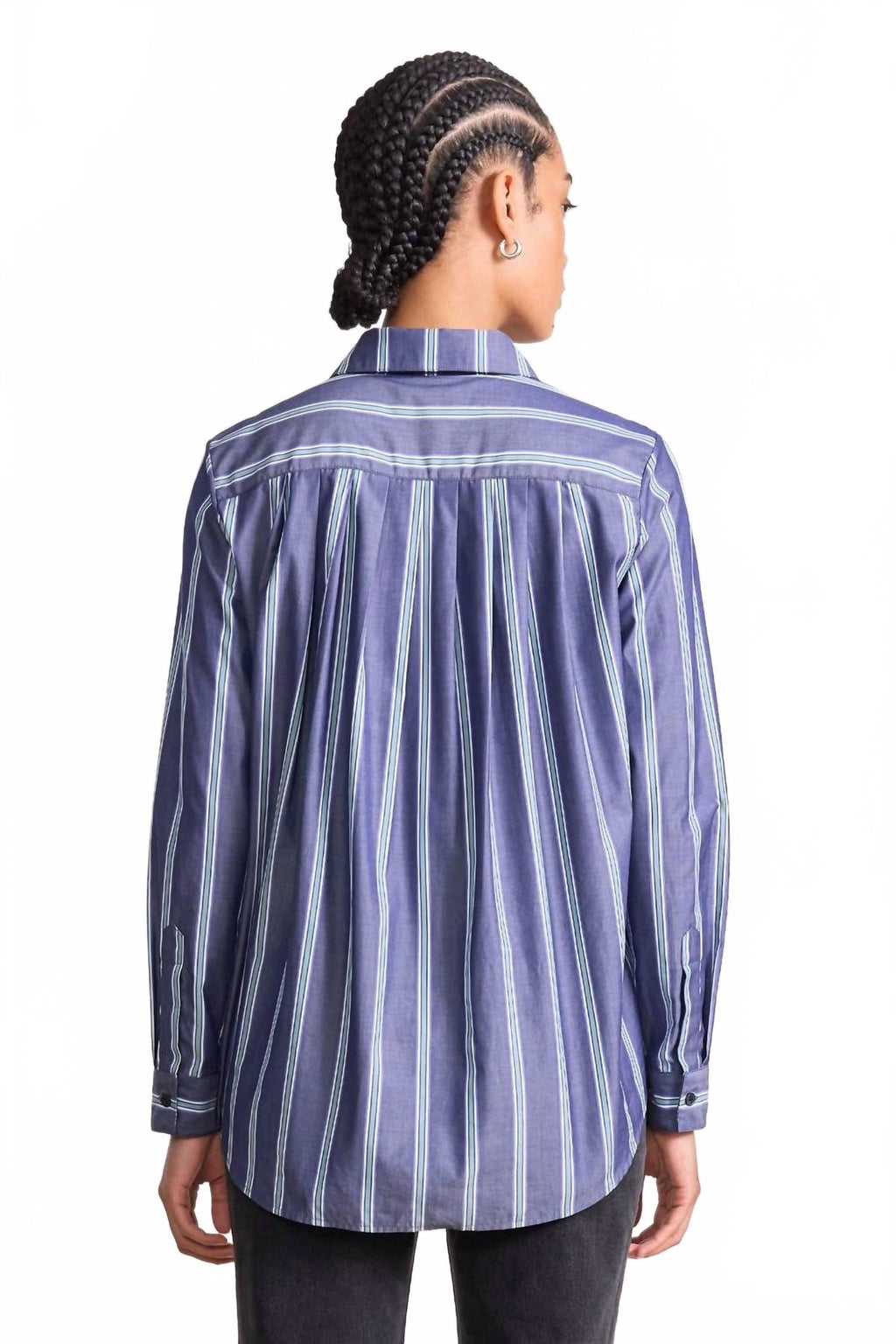 Sodi Wrap Button Up Top In Indigo Stripe