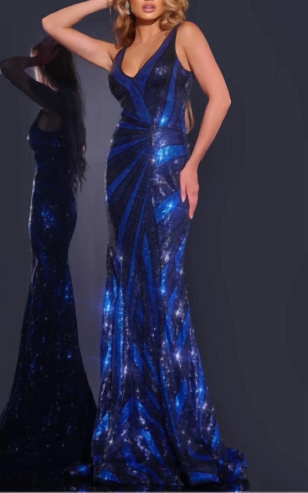 V-Neck Gown With Front Drape Detail In Blue