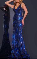 V-Neck Gown With Front Drape Detail In Blue