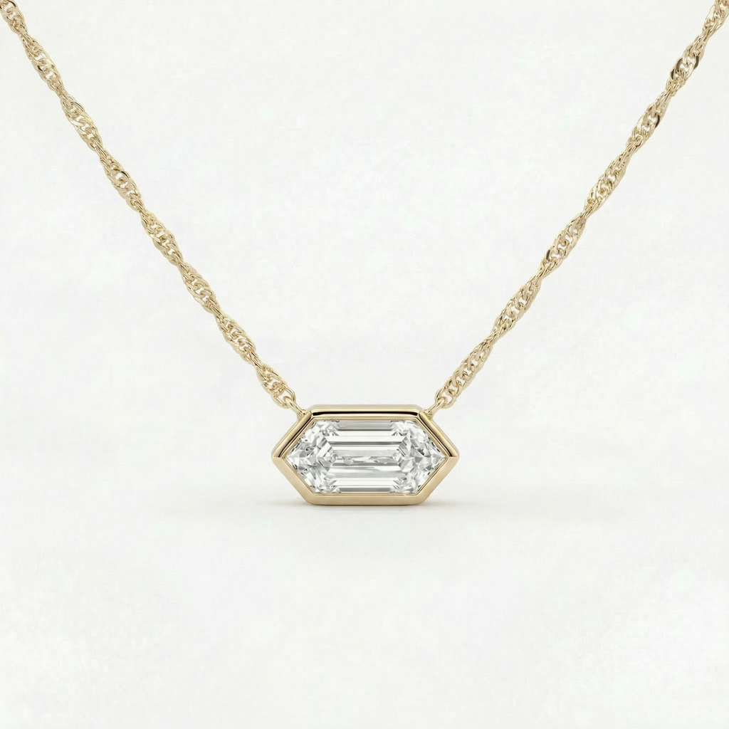 Certified 1.10Ct Long Hexagon Bezel Diamond East West Pendant Necklace Lab Grown