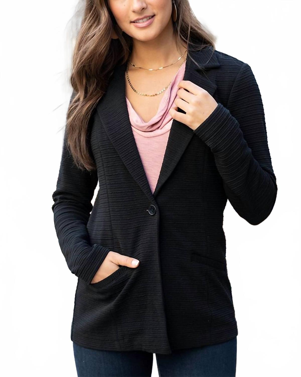 Textured Front Button Blazer In Black