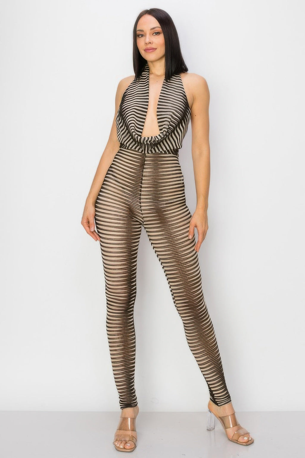 Cowl Neck Knit Mesh Jumpsuit