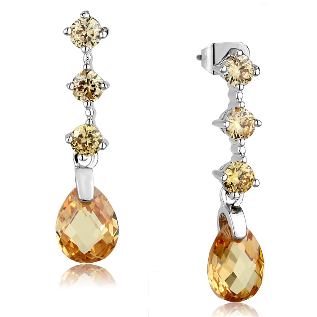 Rhodium Brass Earrings with AAA Grade CZ in Champagne