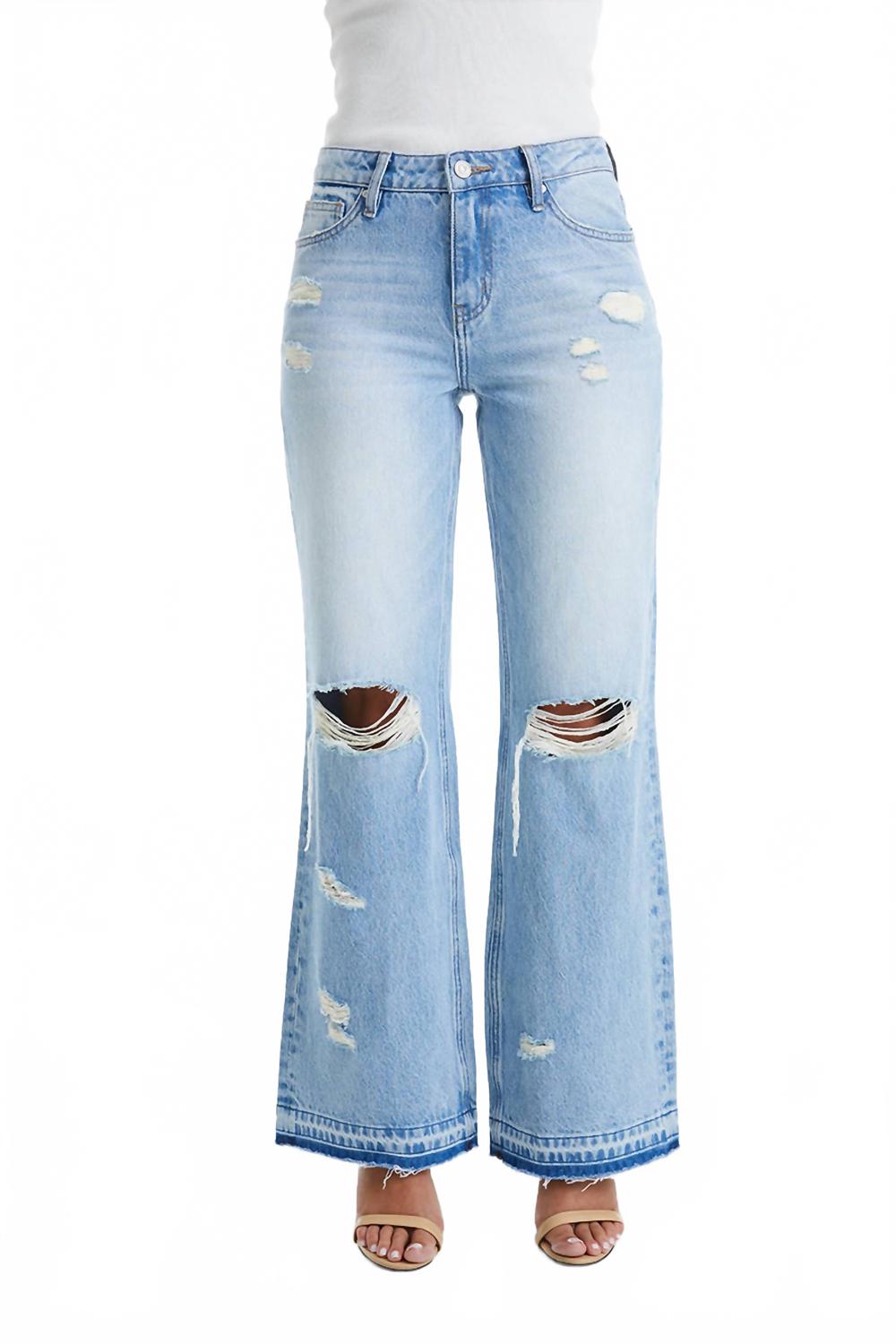 High Rise Distressed Bootcut Raw Hem Jeans In Azure
