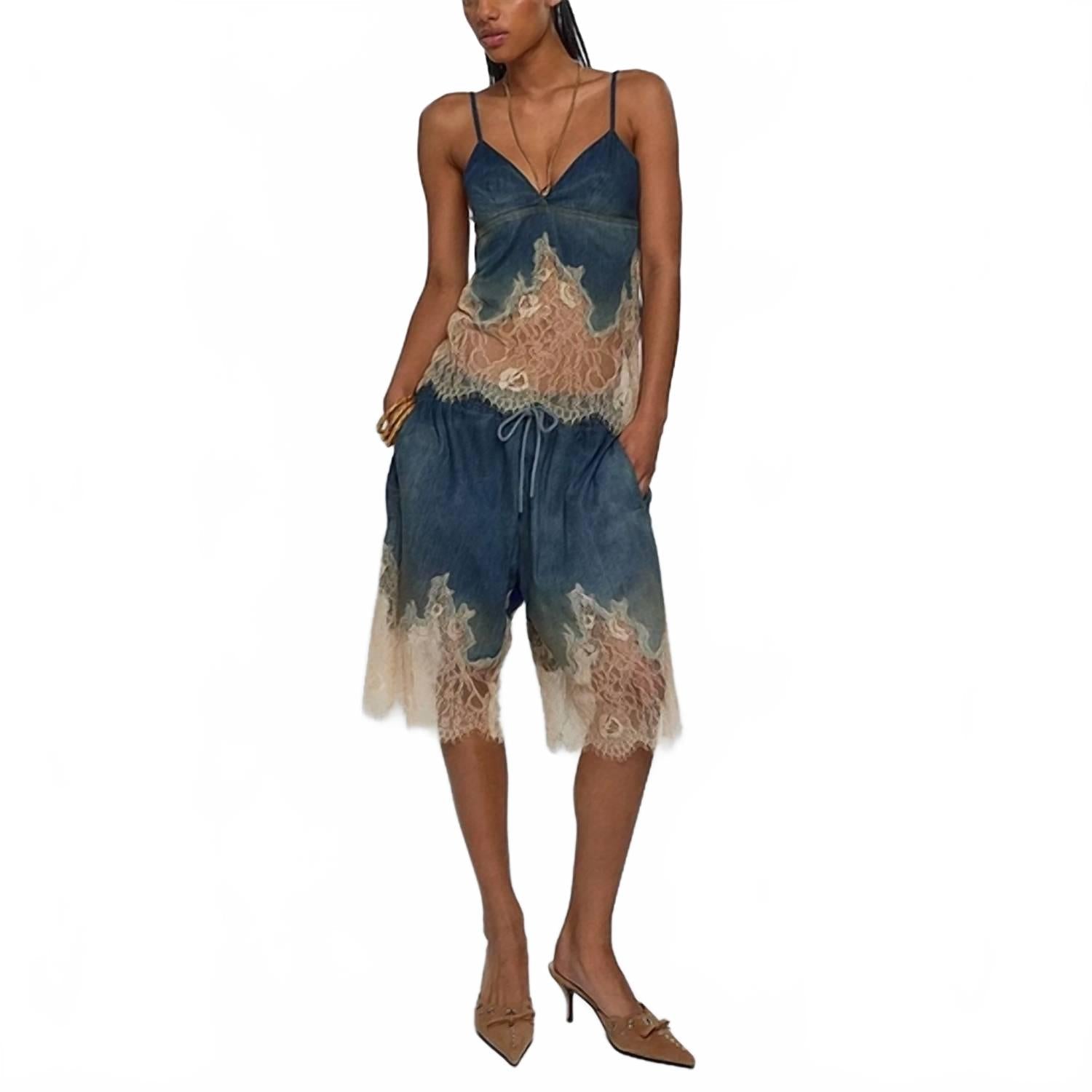 Lace Suspender Top & Shorts Set In Denim