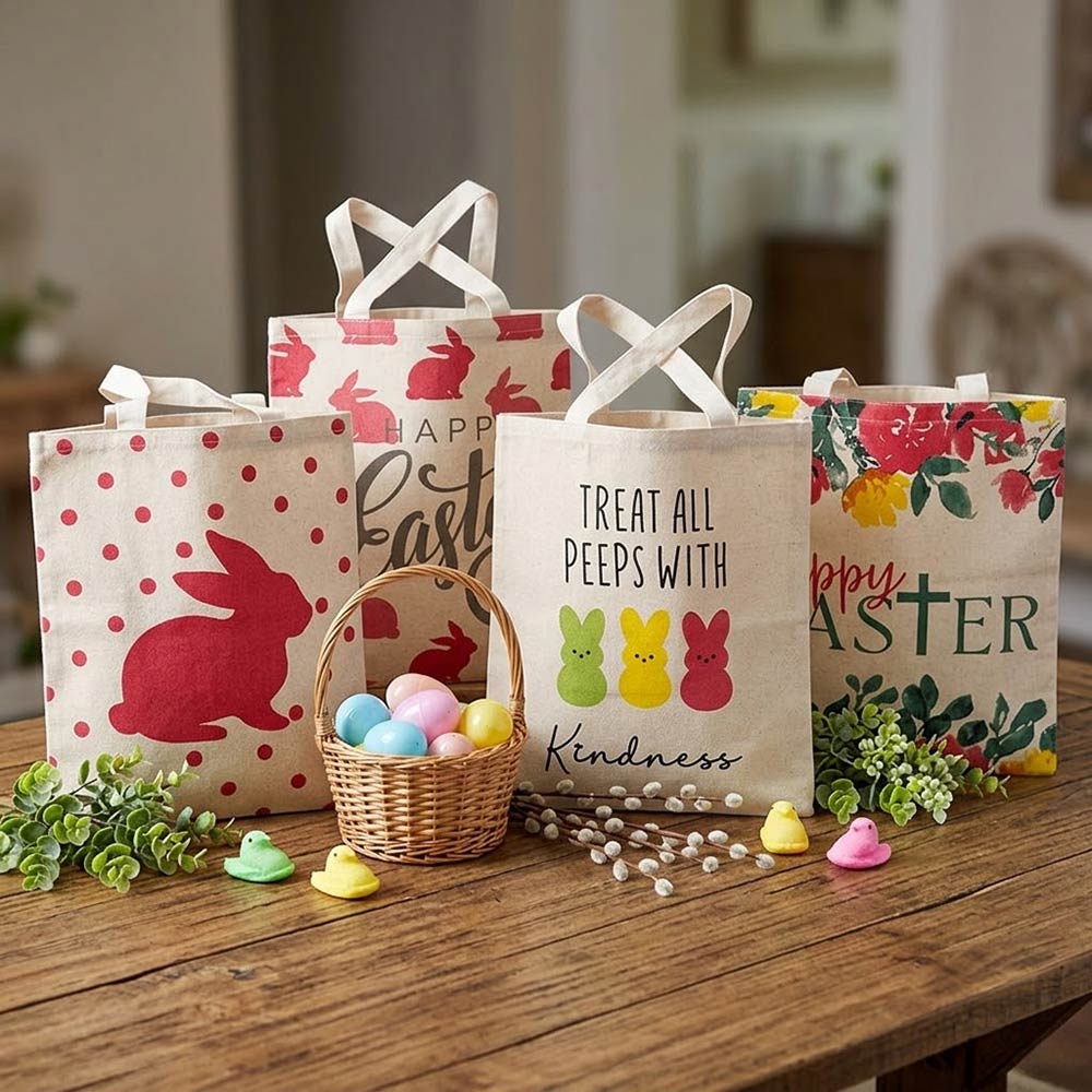 HAPPY EASTER Floral Pattern Print Canvas Shoulder Tote Bag