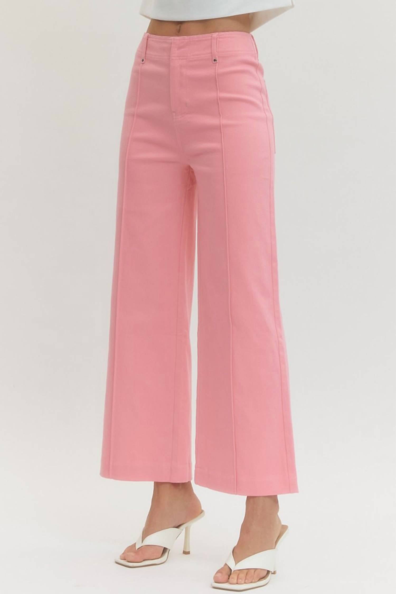 Solid High Rise Wide Leg Pants In Pink