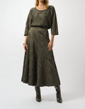 Pleated Satin Long Flared Skirt In Avocado