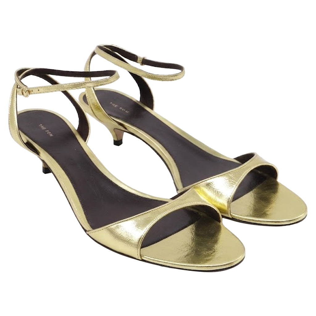 The Row Vika Ankle Strap Kitten Heeled Sandals in Gold Leather
