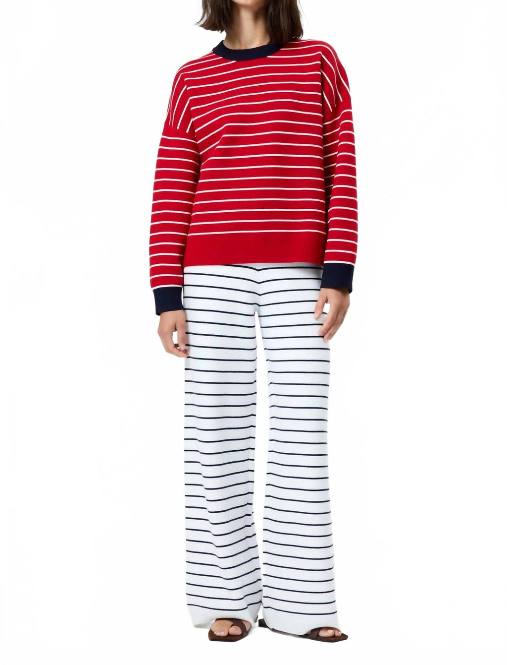 Marley Knit Striped Crew Neck Sweater In Crimson Red/ White