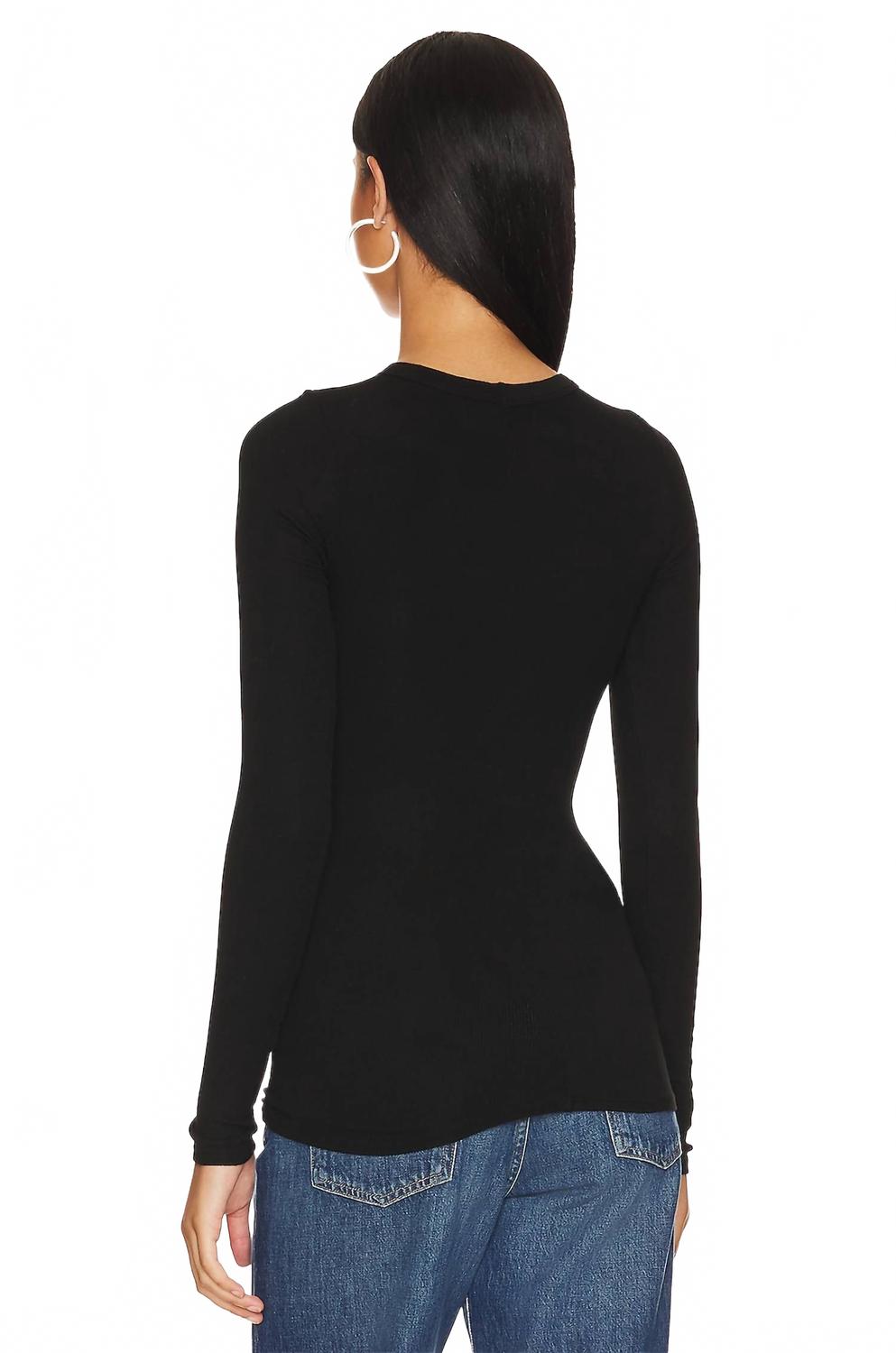 Slit Neck Long Sleeve Crew Top In Black