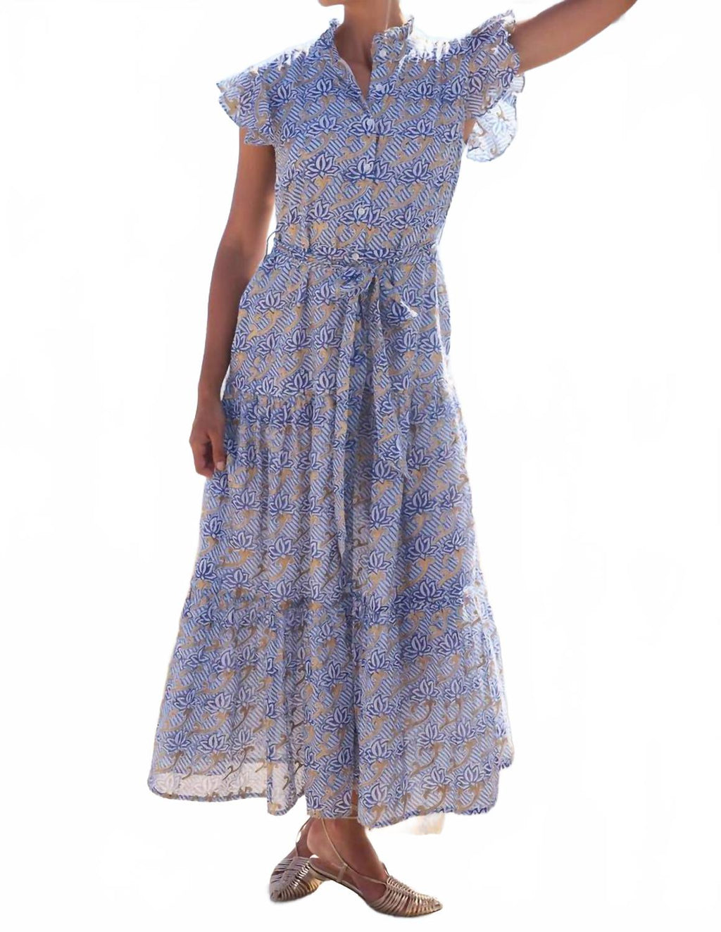 Ruffle Collar Button Maxi Dress In Florence Blue