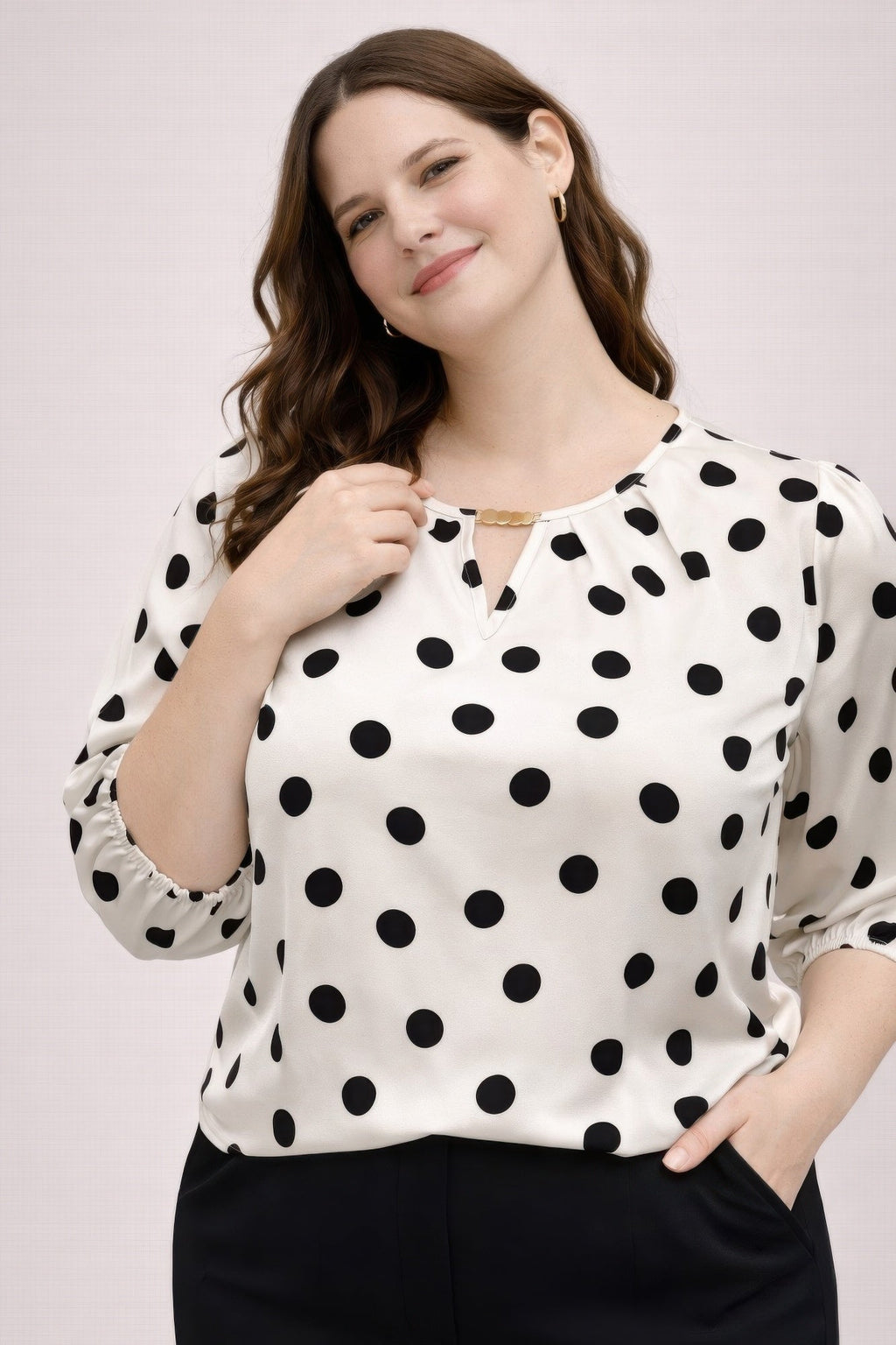 Polka Dot Split-neck Blouse With Puff Sleeves