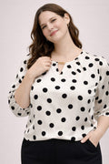 Polka Dot Split-neck Blouse With Puff Sleeves