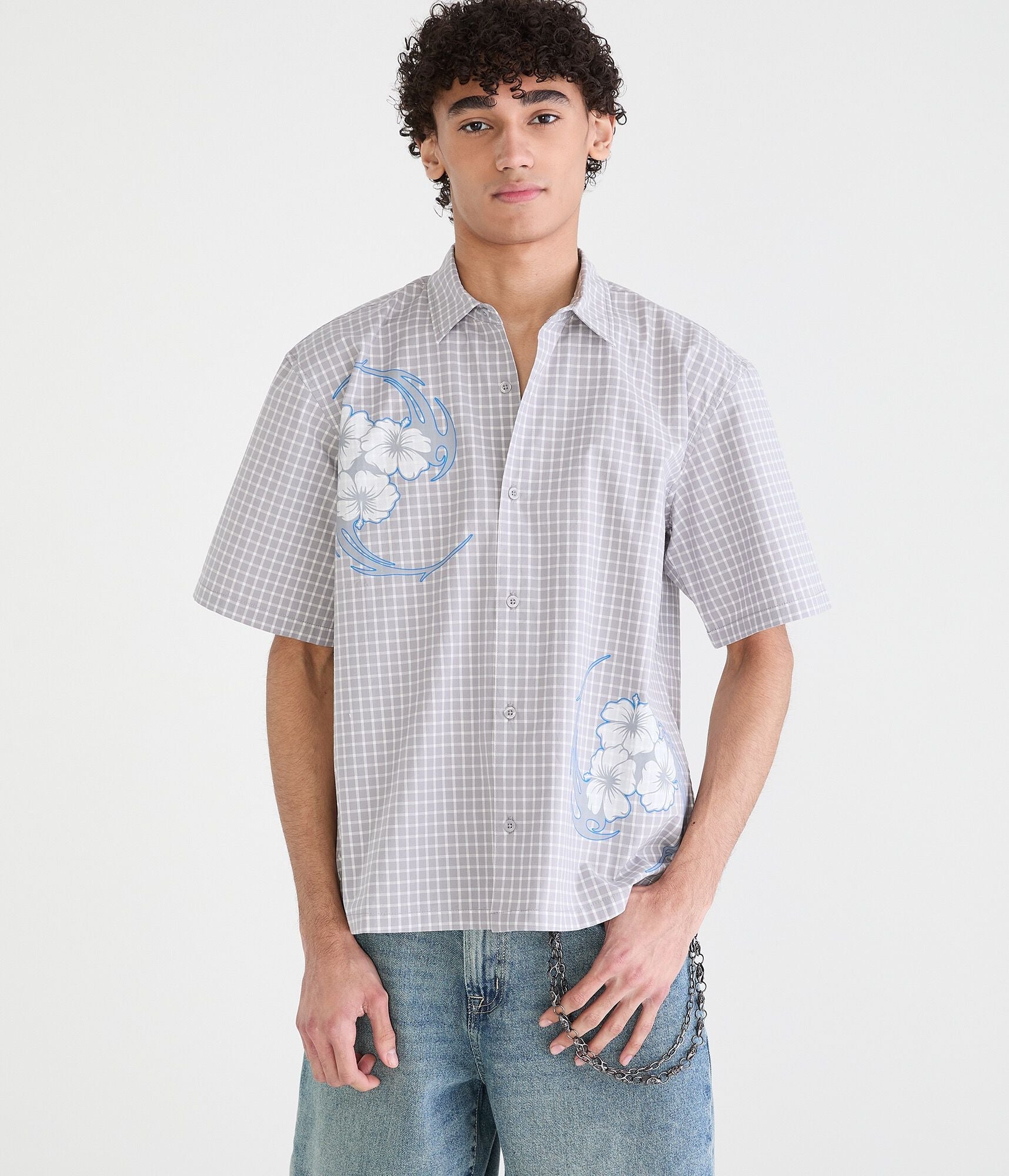 Aeropostale Floral Tattoo Microplaid Boxy Shirt