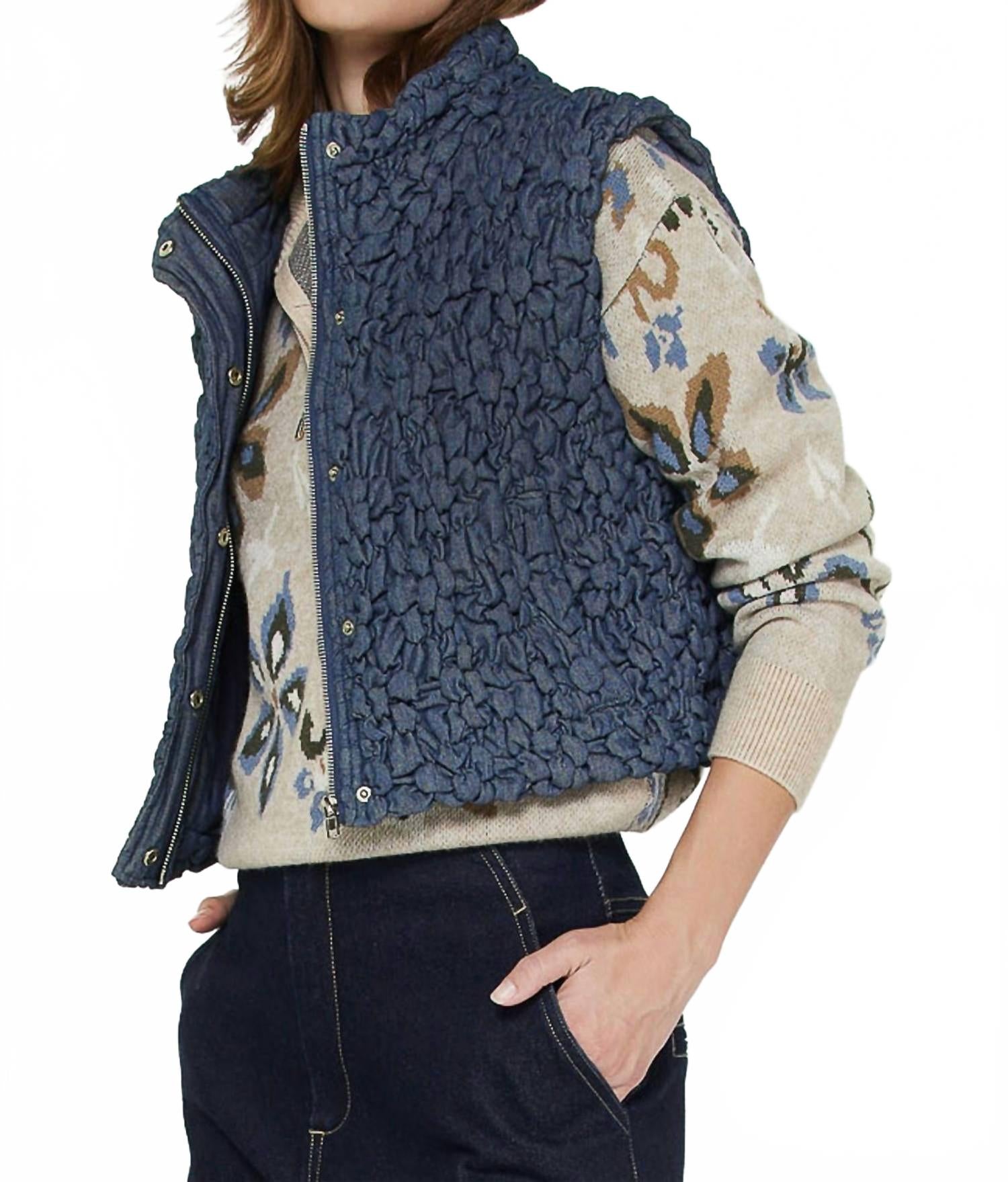 Cropped Quilting Vest In Denim
