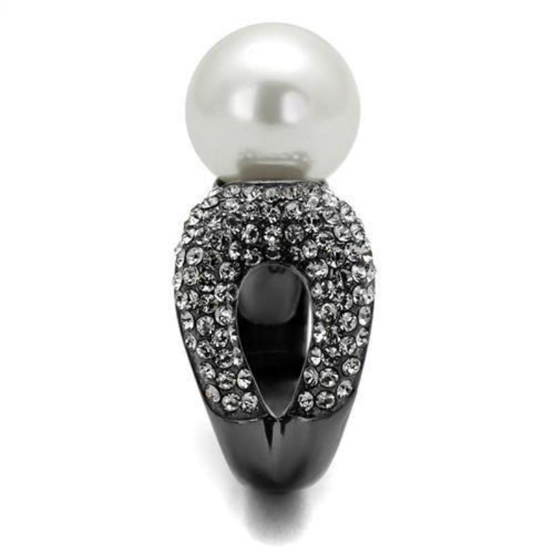 IP Light Black Stainless Steel Ring with Synthetic Pearl in White