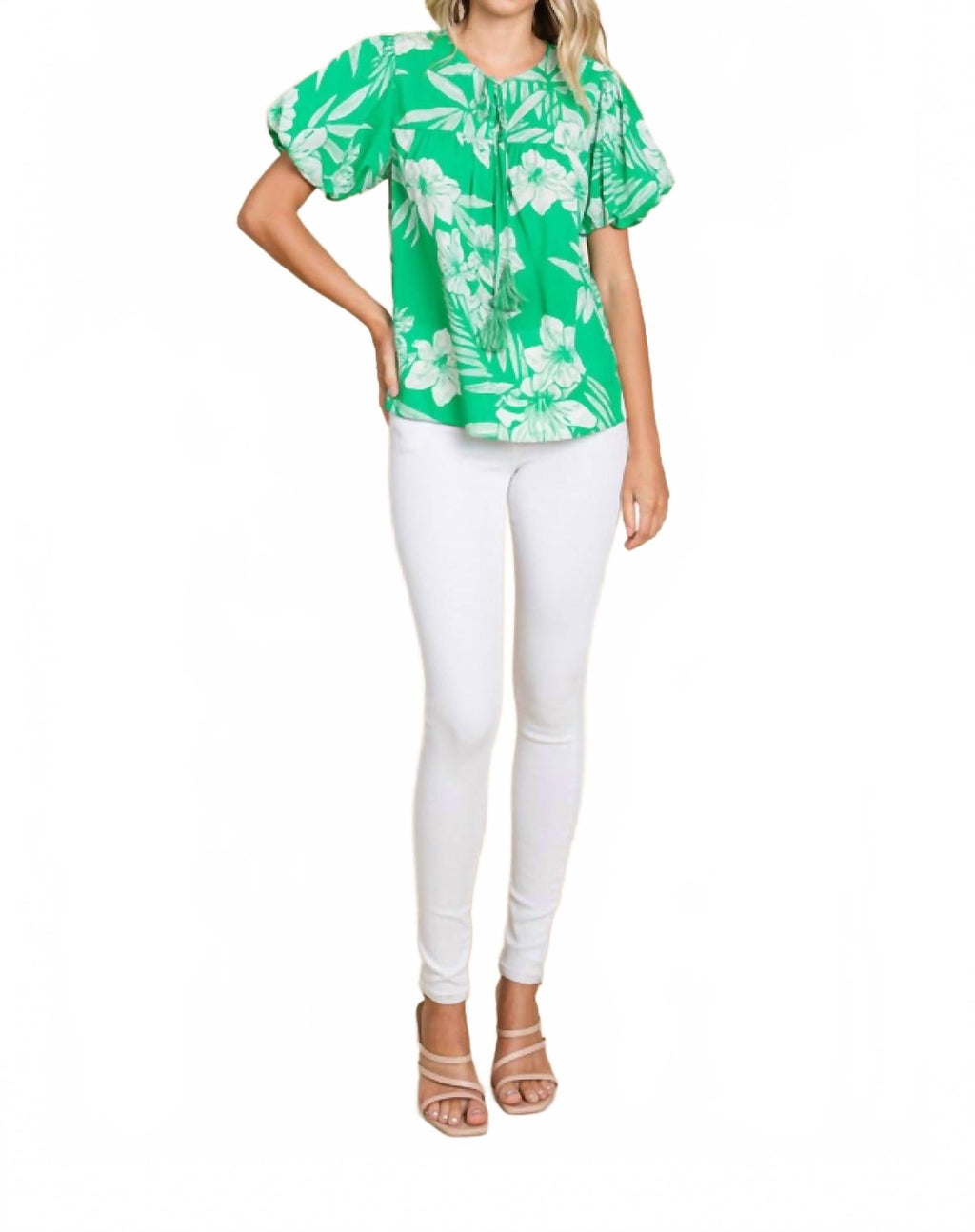 Island Vibes Hawaiian Floral Shirt With Puff Sleeves In Green & White