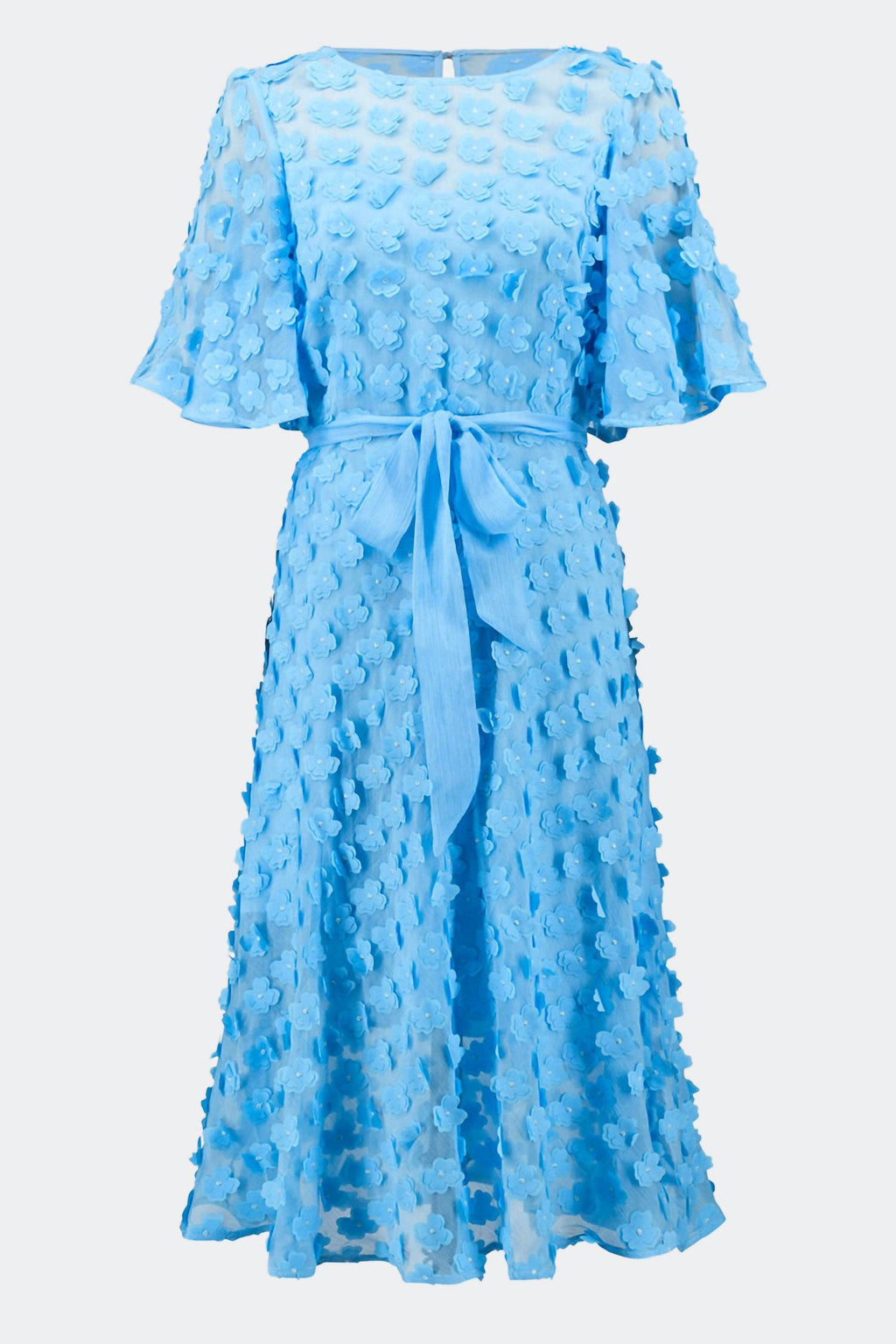 Signature 3D Chiffon Fit And Flare Dress With Sash In Sky Blue