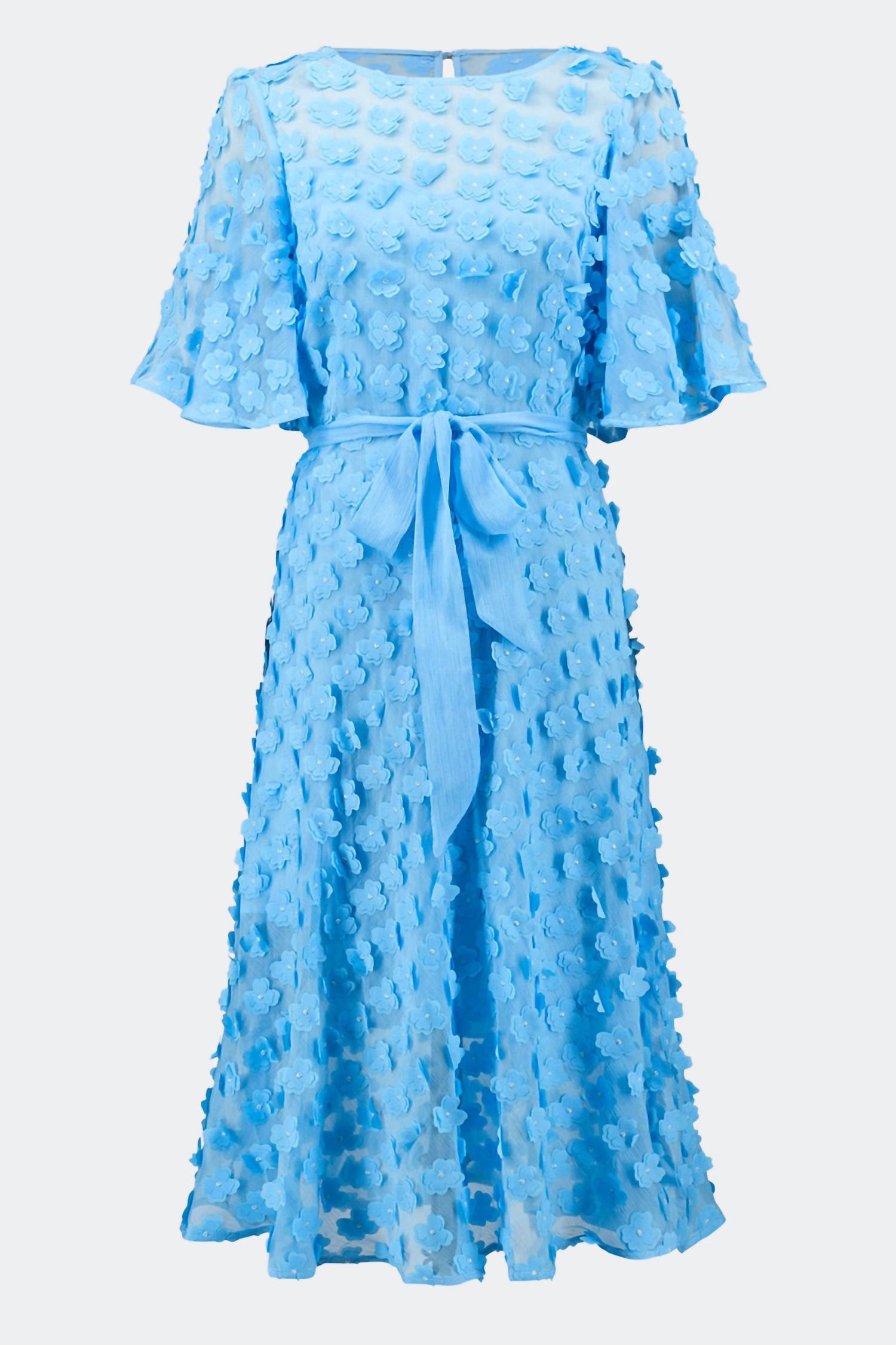 Signature 3D Chiffon Fit And Flare Dress With Sash In Sky Blue