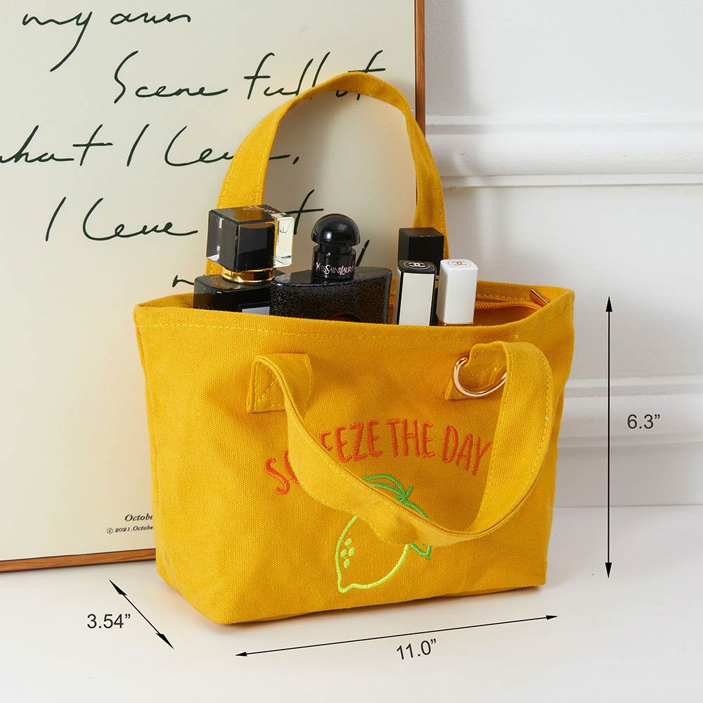 Squeeze Day Lemon Embroidered Small Canvas Tote Bag