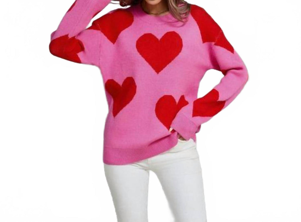 Heart Knit Sweater Pullover In Pink