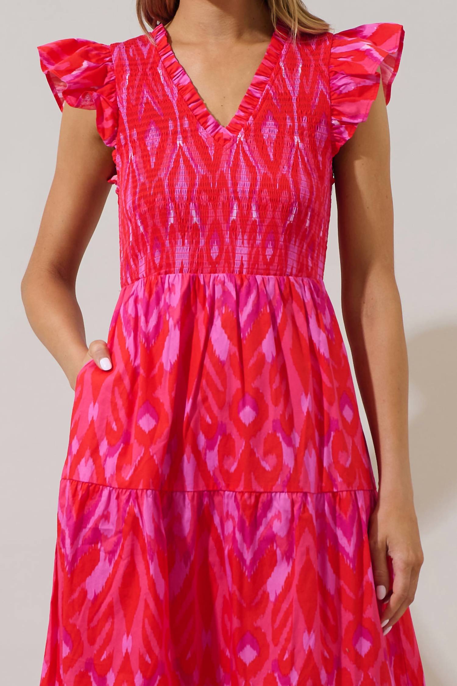 Sunfire Smocked Midi Dress In Red-Pink-Combo