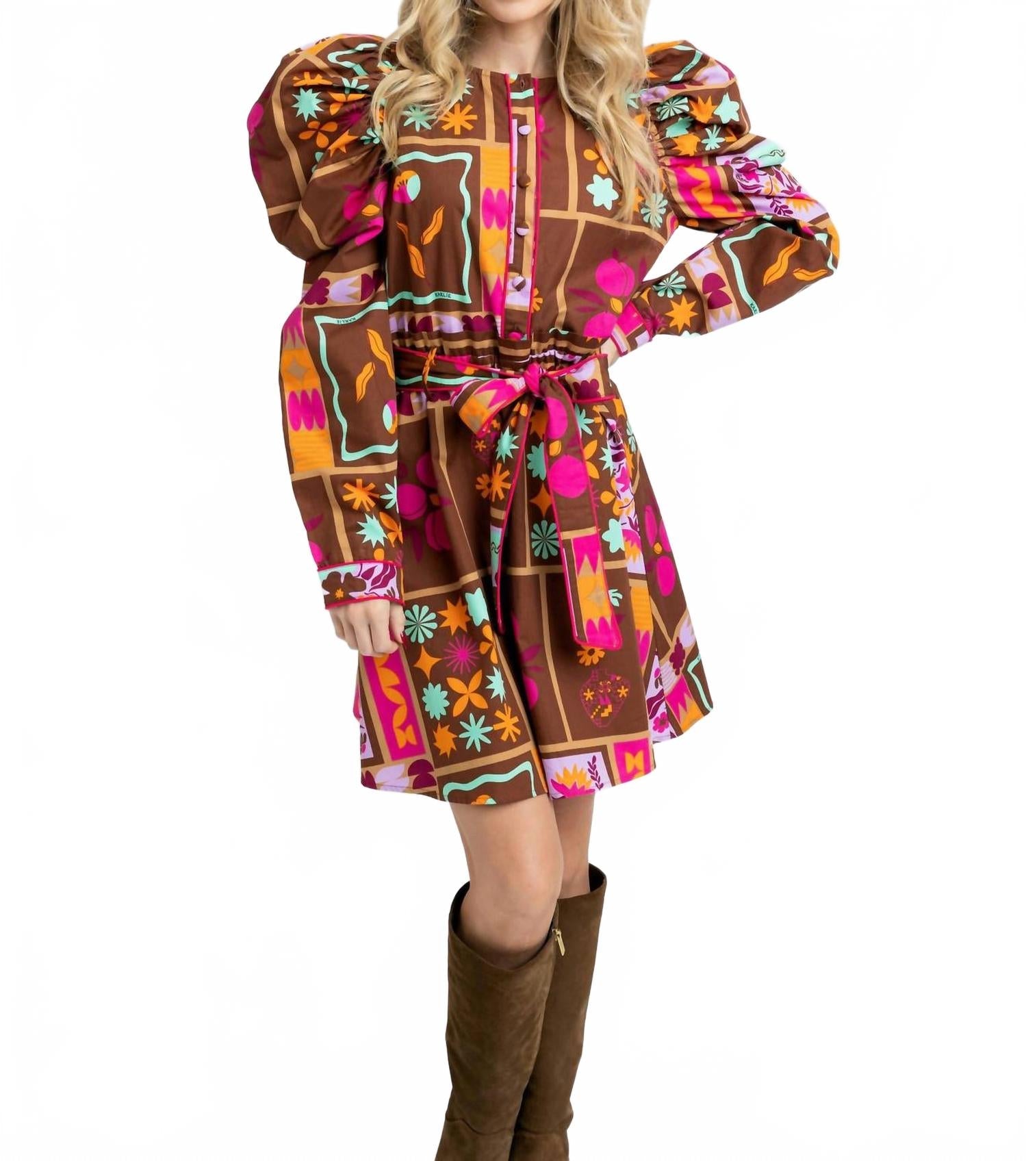 Floral Frame Puff-Sleeve Mini Shirt Dress In Brown