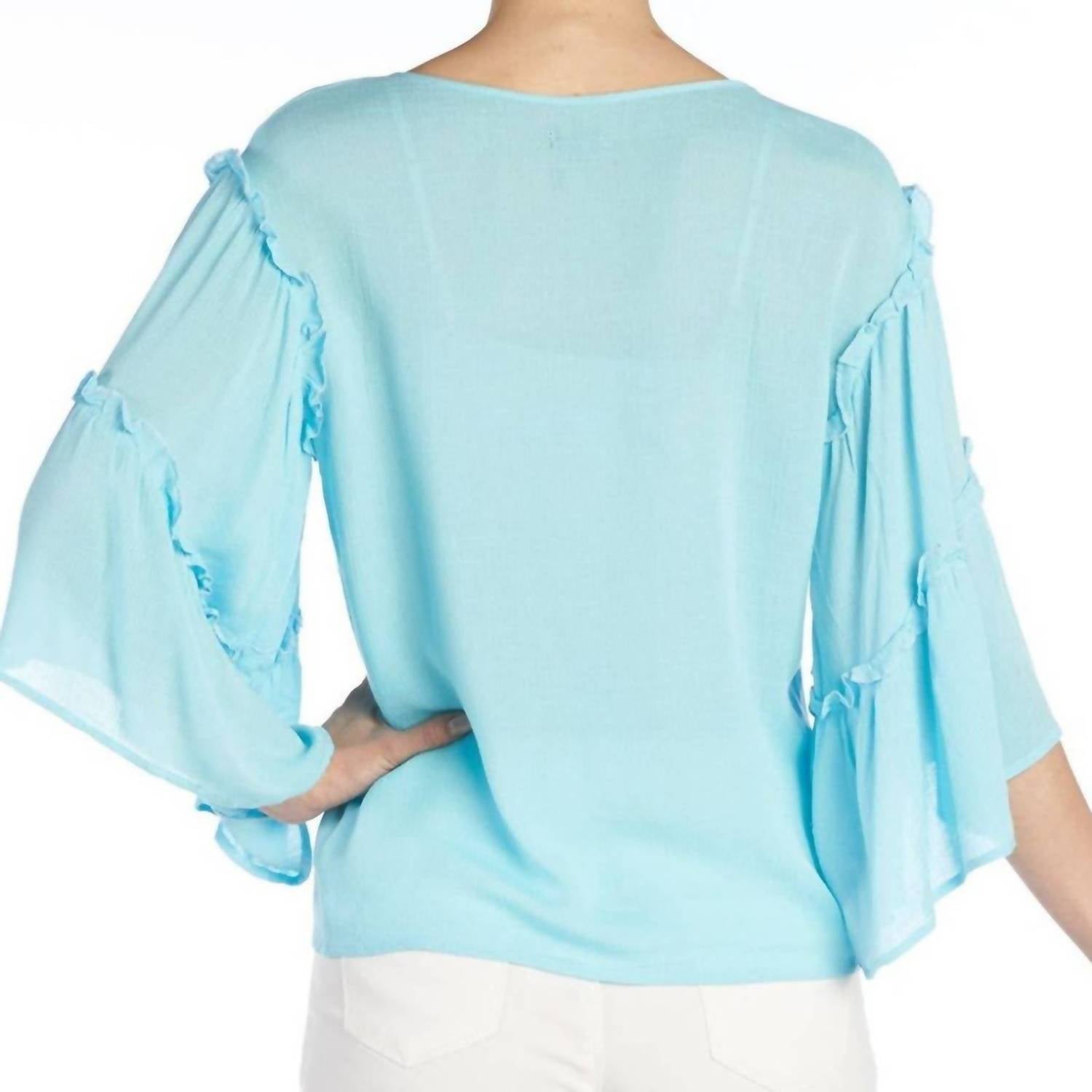 Ruffle Sleeve Tie Front Blouse In Aqua