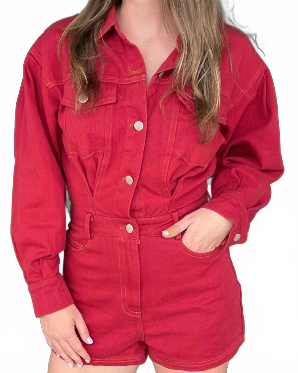 Long Sleeve Collared Romper In Crimson