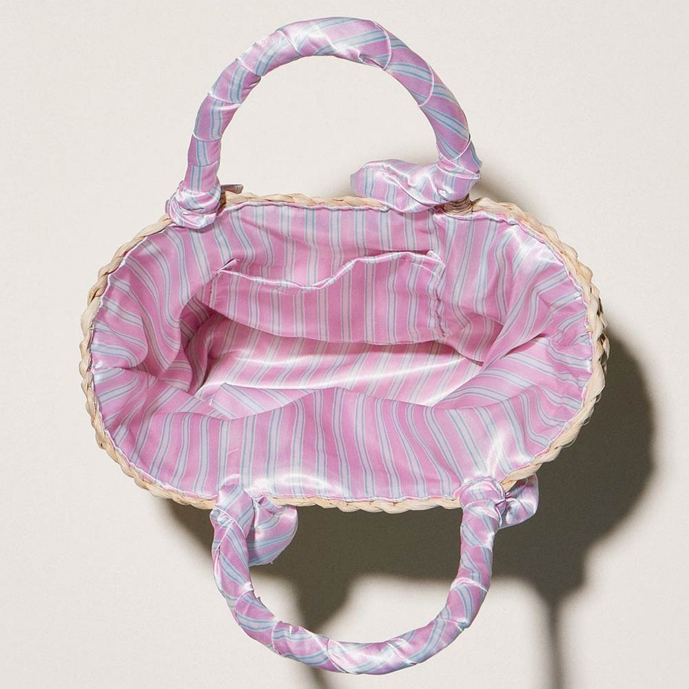 Stripe Print Fabric Scarf Wrapped Handle Raffia Tote Bag