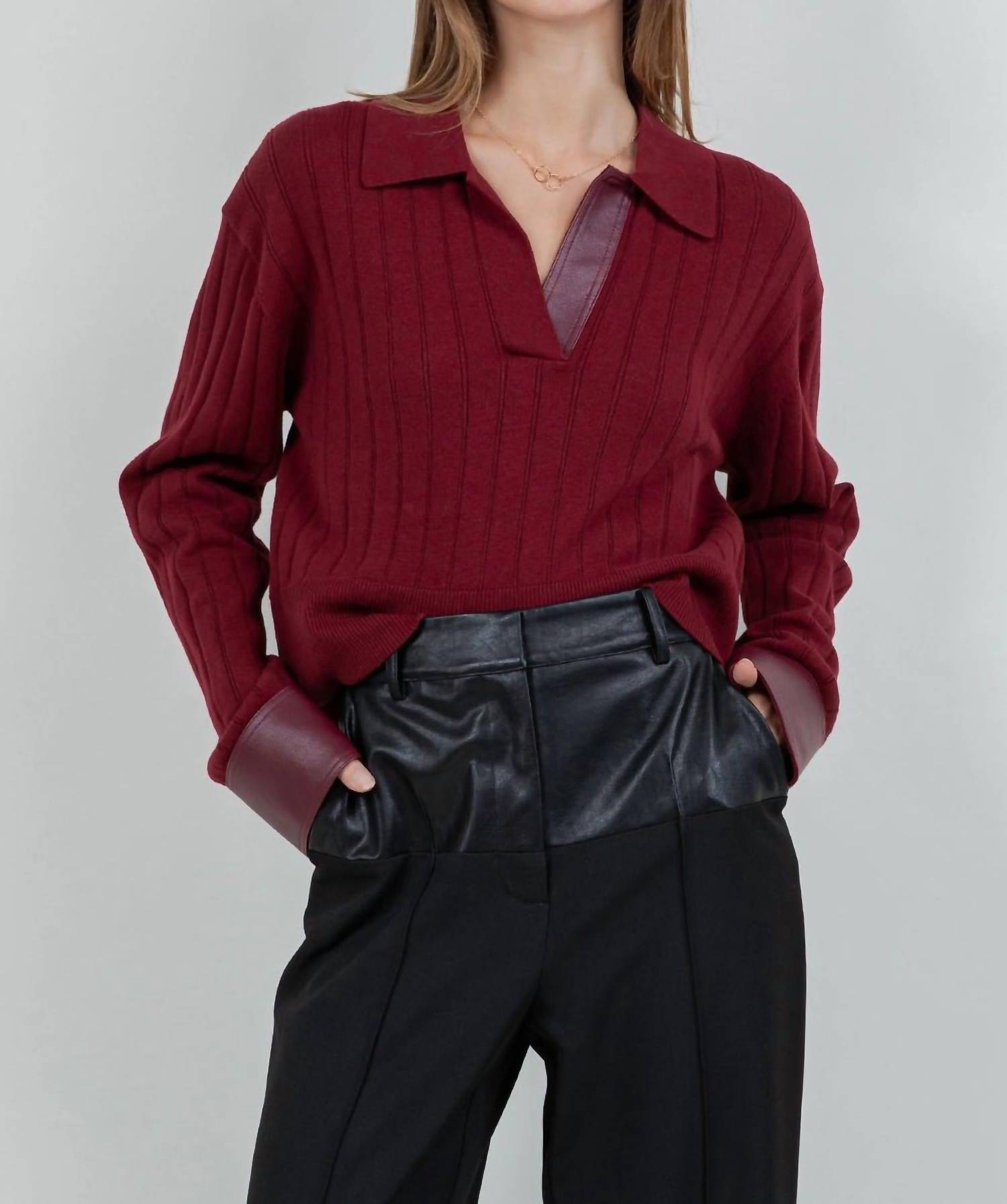 Contrast Knitted Long Sleeve Sweater In Burgundy