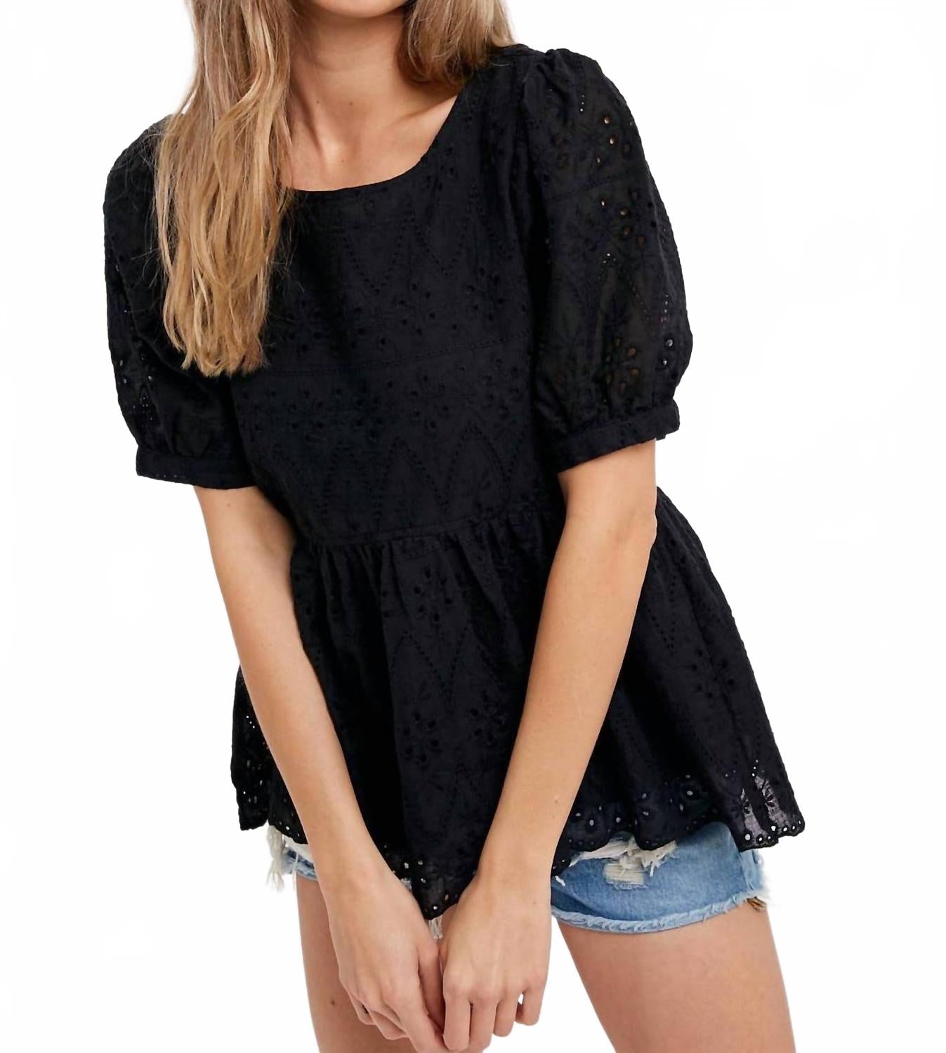 Eyelet Lace Puff Sleeve Peplum Top In Black