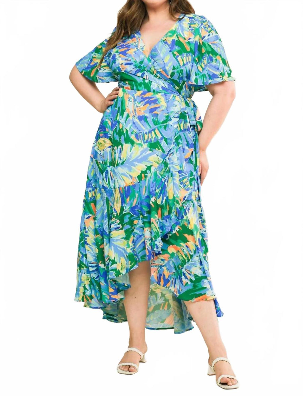 Woven High Low Dress In Blue/green
