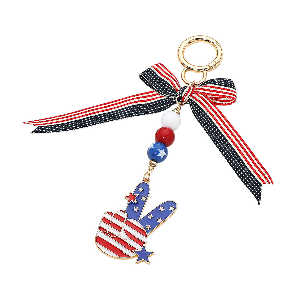 American USA Flag Bow Victory Hand Drop Keychain Bag Charm
