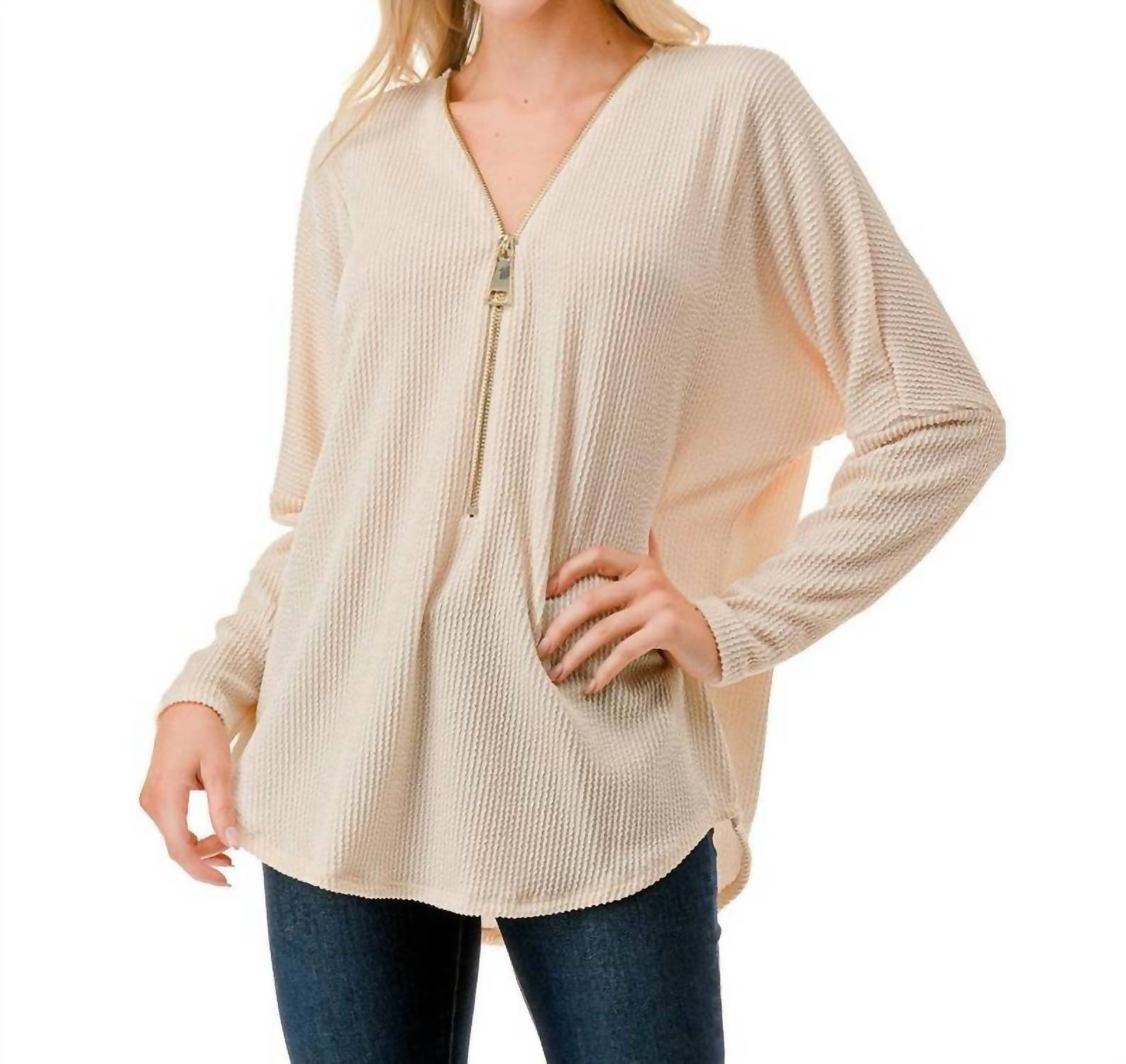 Dolman Sleeve Zipper Top In Cream