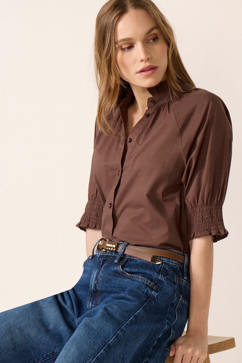 Women's Short Sleeve Ruffle Neck Shirt