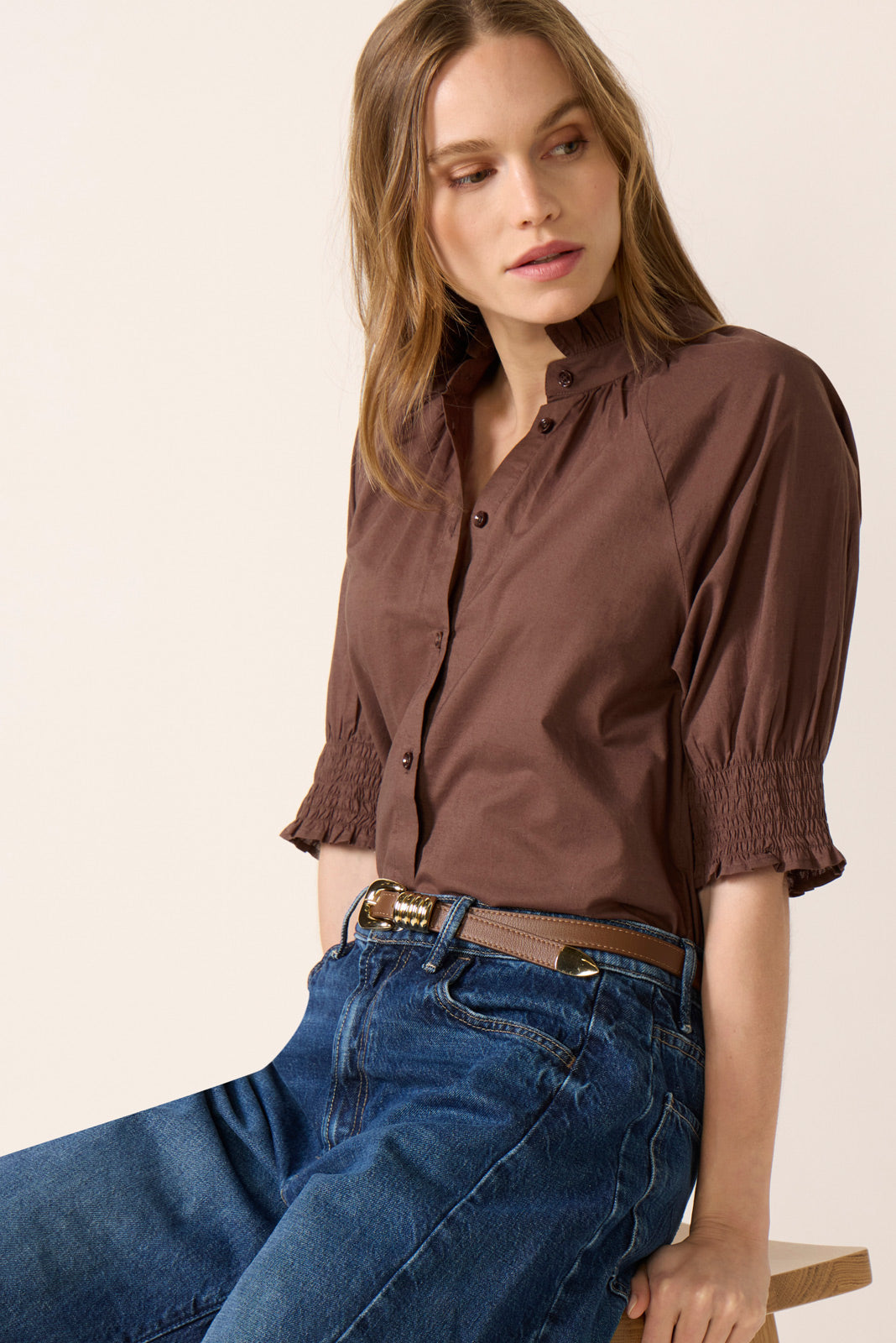 Women's Short Sleeve Ruffle Neck Shirt