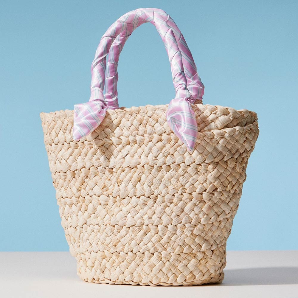 Stripe Print Fabric Scarf Wrapped Handle Raffia Tote Bag