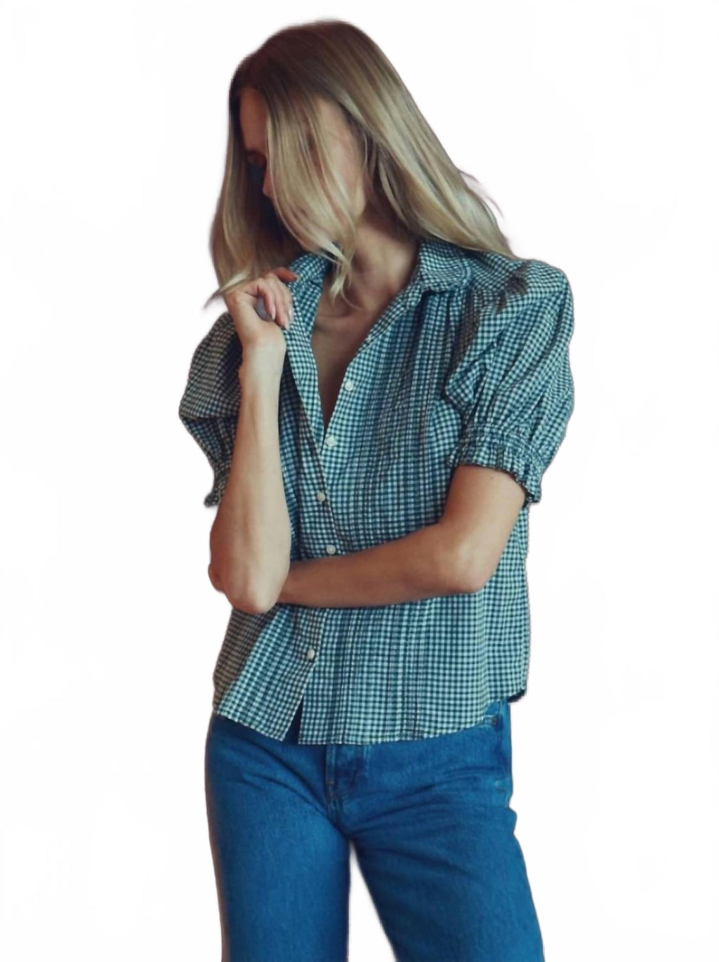 Gemma Ruffled Collar Blouse In Caspian Check