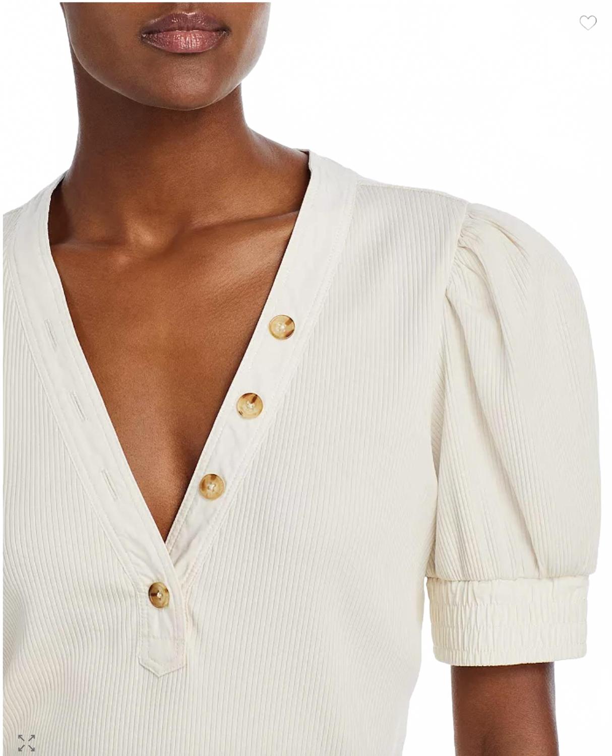 Heather V-Neck Puff Sleeve Top In Off White