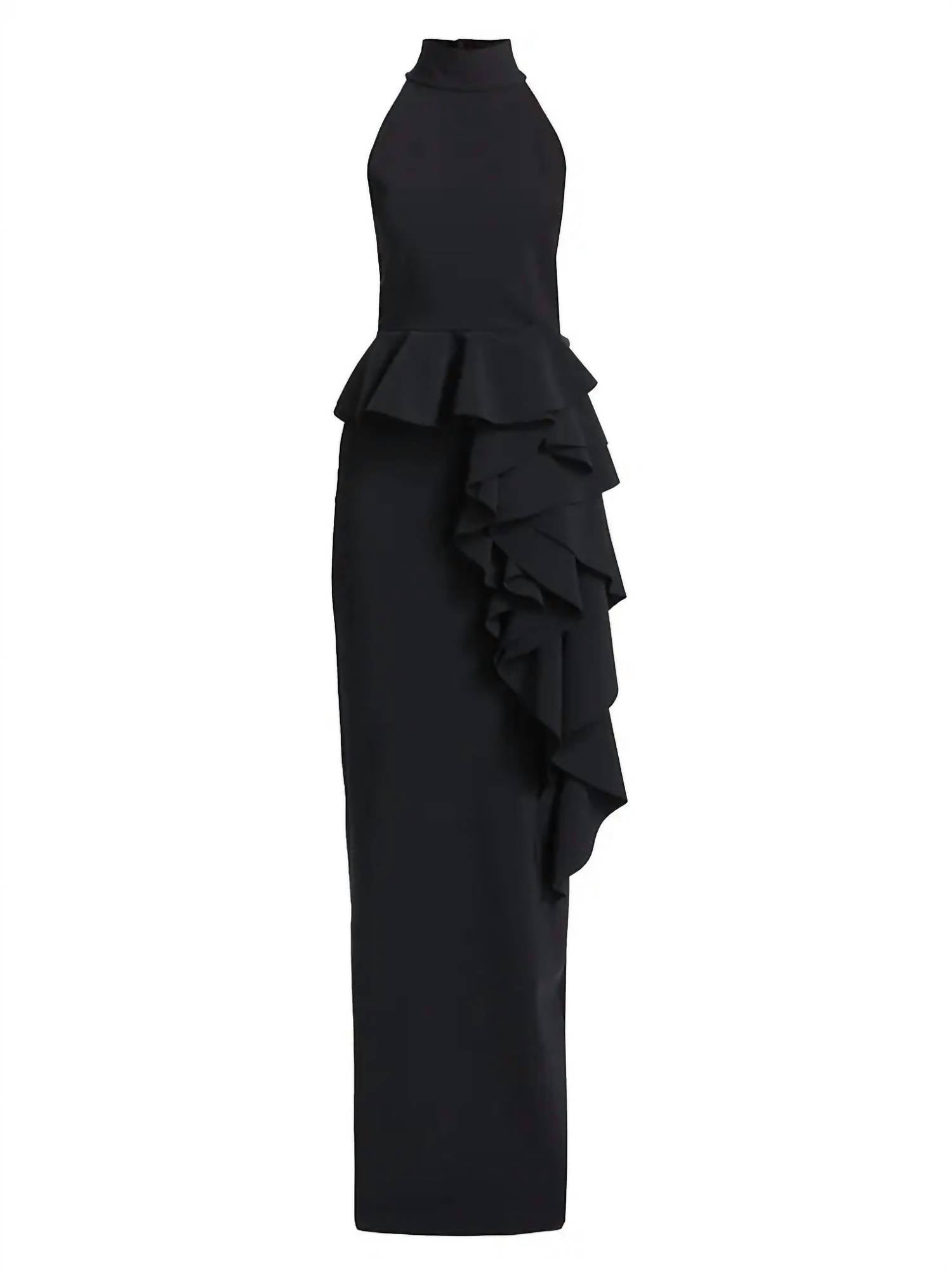 Ah Ruffled High-Neck Gown In Black