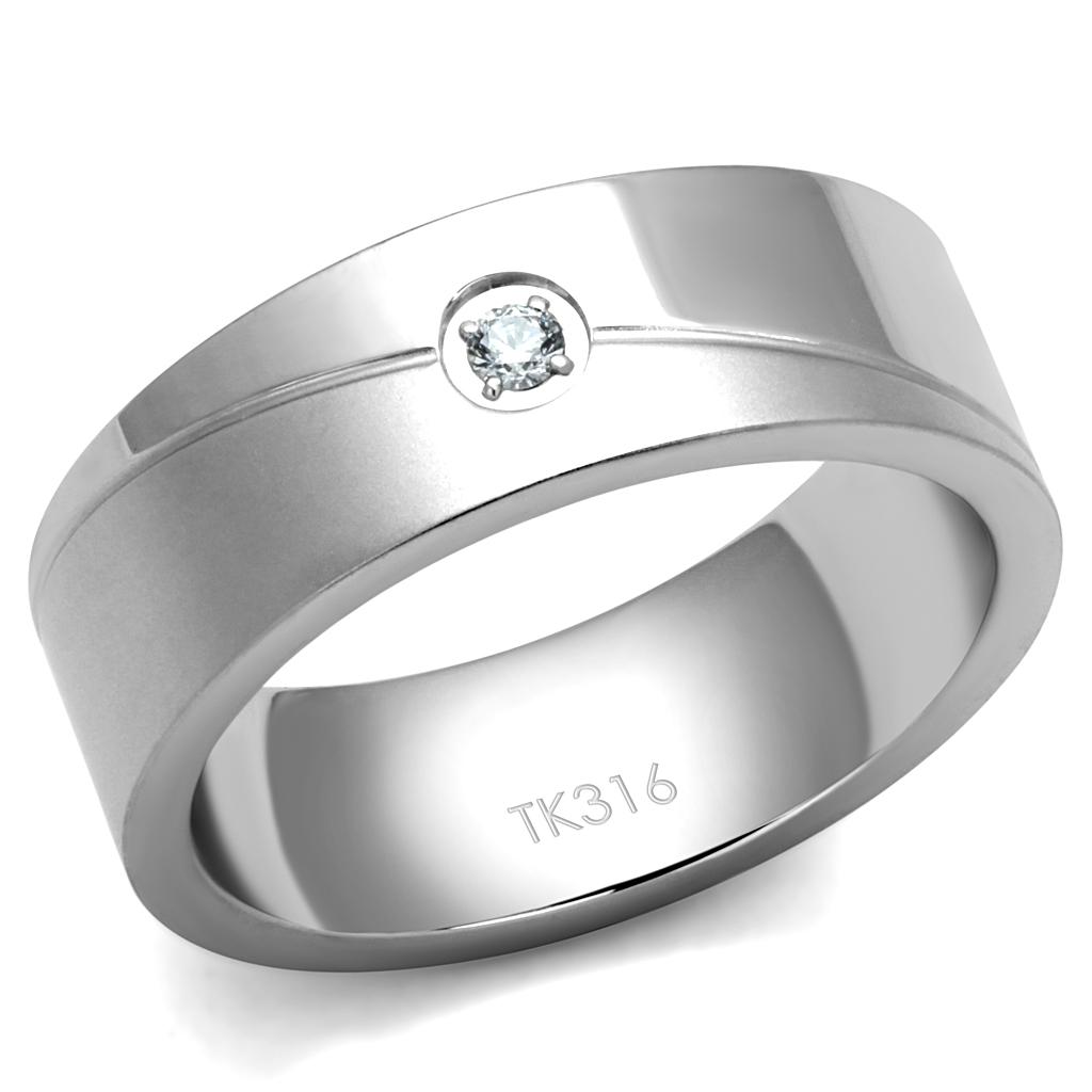 High polished (no plating) Stainless Steel Ring with AAA Grade CZ in Clear